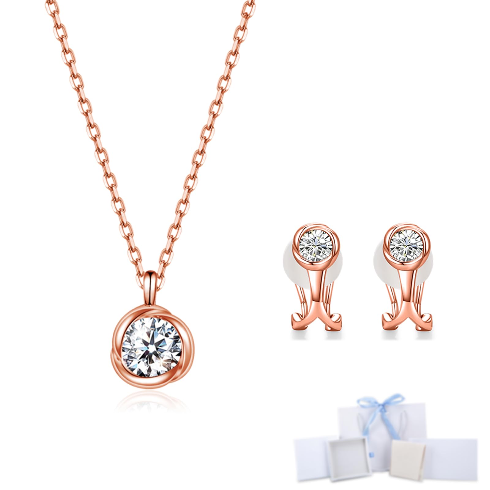 [Free bird] ネックレス レディース イヤークリップ セット 「バラのキッス」 最高級 ジルコニア ピンクゴールド ペンダント シルバー ホワイトデー 誕生日 記念日 母の日のプレゼント人気 女性 ジュエリー