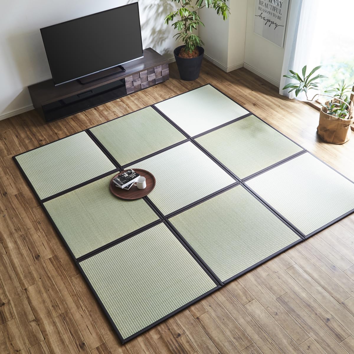 イケヒコ い草 ユニット システム畳 置き畳 9枚繋いで 約4畳半 AGURA ヘリの色：ブラウン 約82×82?/枚 9枚入り 軽量 抗菌防臭効果 クッション性 和空間 日本製 無地 シンプル 年間 通年 ＃1110231060328