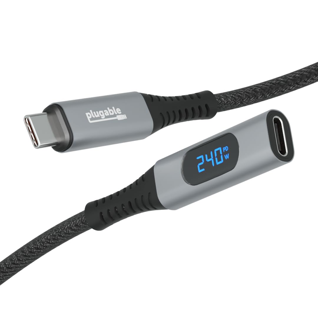 楽天SelectSHOP 岐阜 楽天市場店Plugable USB-C 延長ケーブル 1m デジタル電流チェッカー USB-C 接続のモニタリングが可能 240W 急速充電、4K 60Hz モニタ接続、10Gbps データ転送に対応