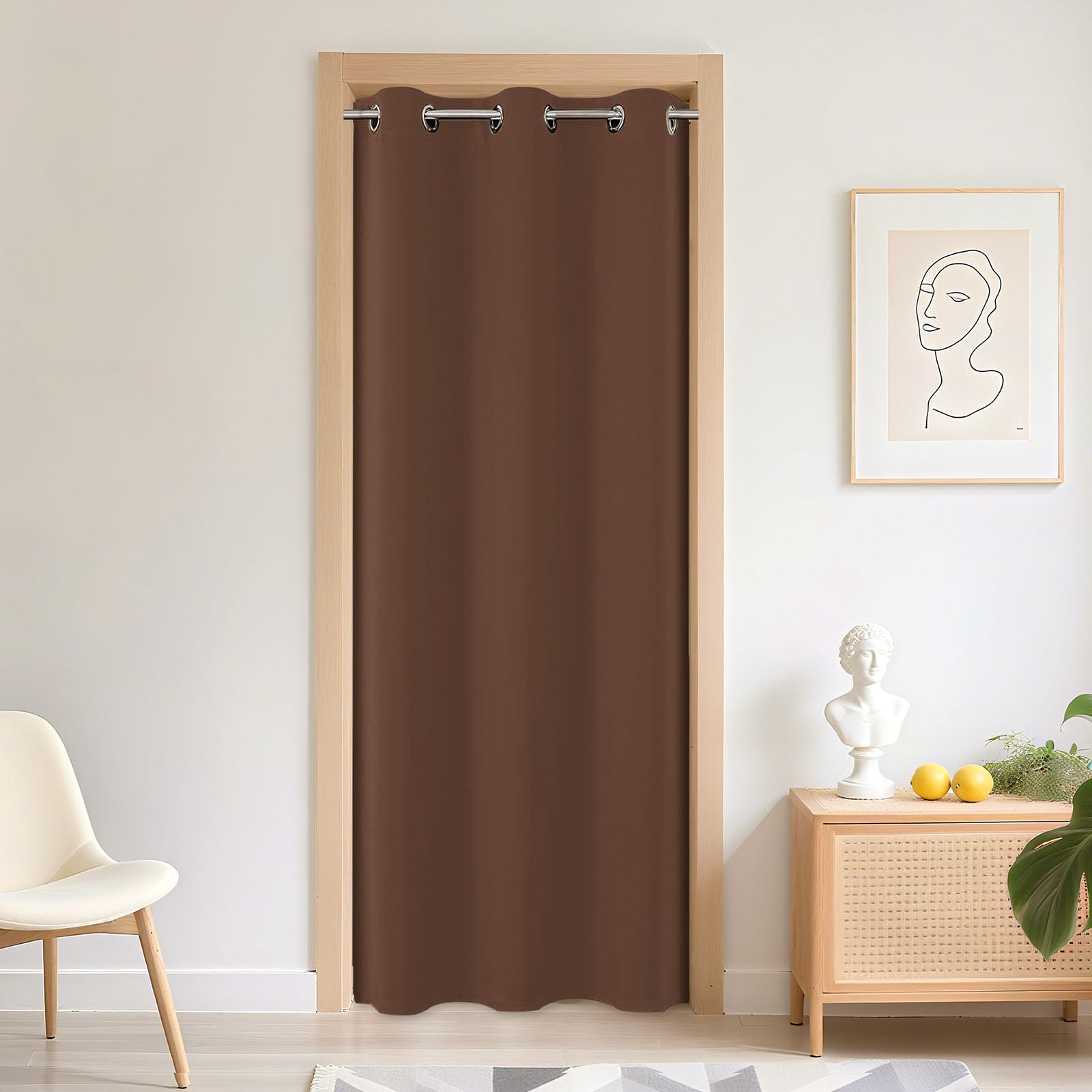 Rakuten - Joydeco 間仕切りカーテン 1級遮光 遮光カーテン 断熱防寒 ハトメ式 のれん ブラウン 幅150cm*丈180cm 突っ張り棒 防音 省エネ 無地 厚手 目隠し 玄関 キッチン リビング 出入り口 1枚入り