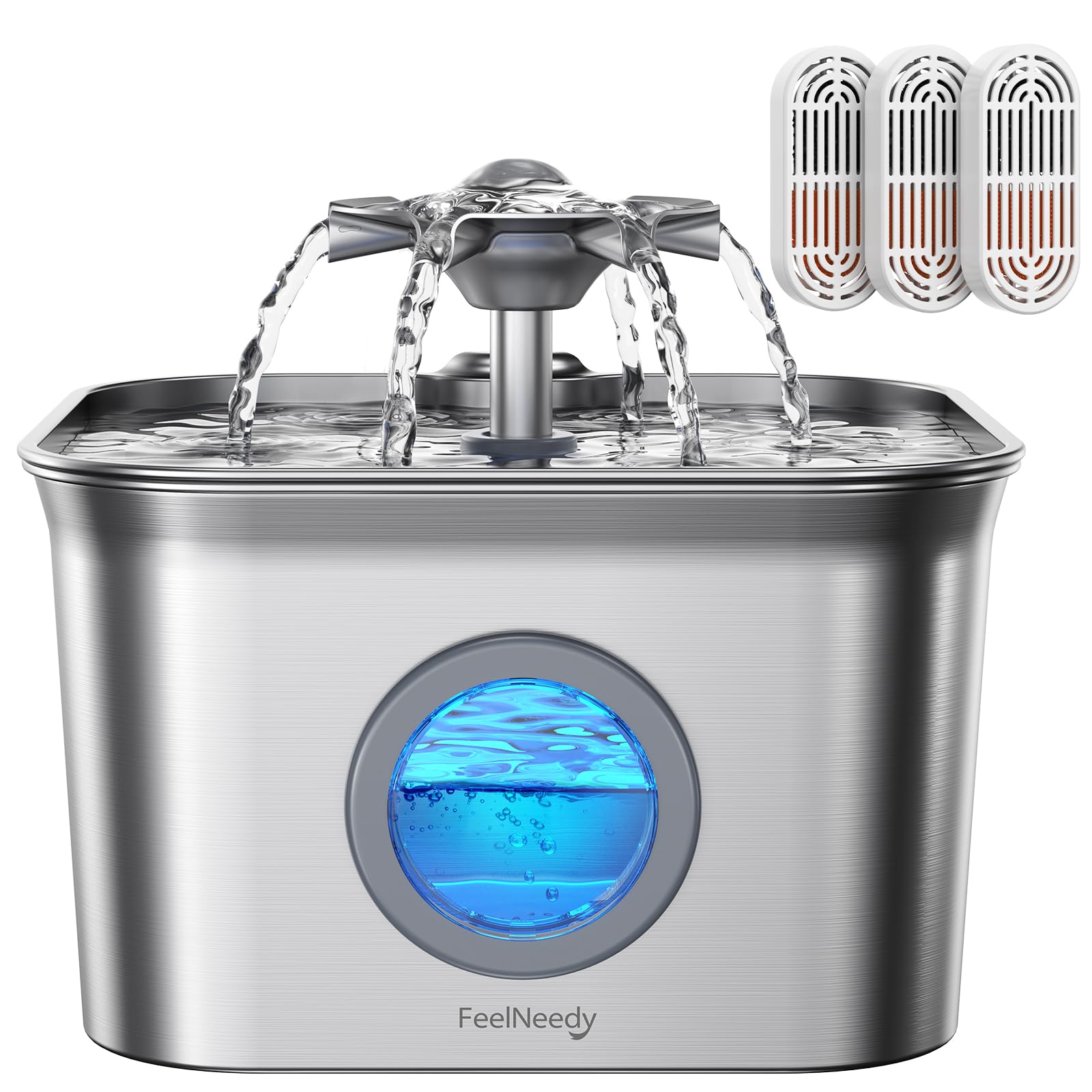 猫給水器 ステンレス製循環式自動給水器 2.8L コンパクトペット用給水器 FEELNEEDY 犬 猫 水飲み器 5段階濾過 自動水循環 ねこ お留守番対応 水位確認窓付 活性炭フィルター3枚付 お手入れ簡単,FN-W22