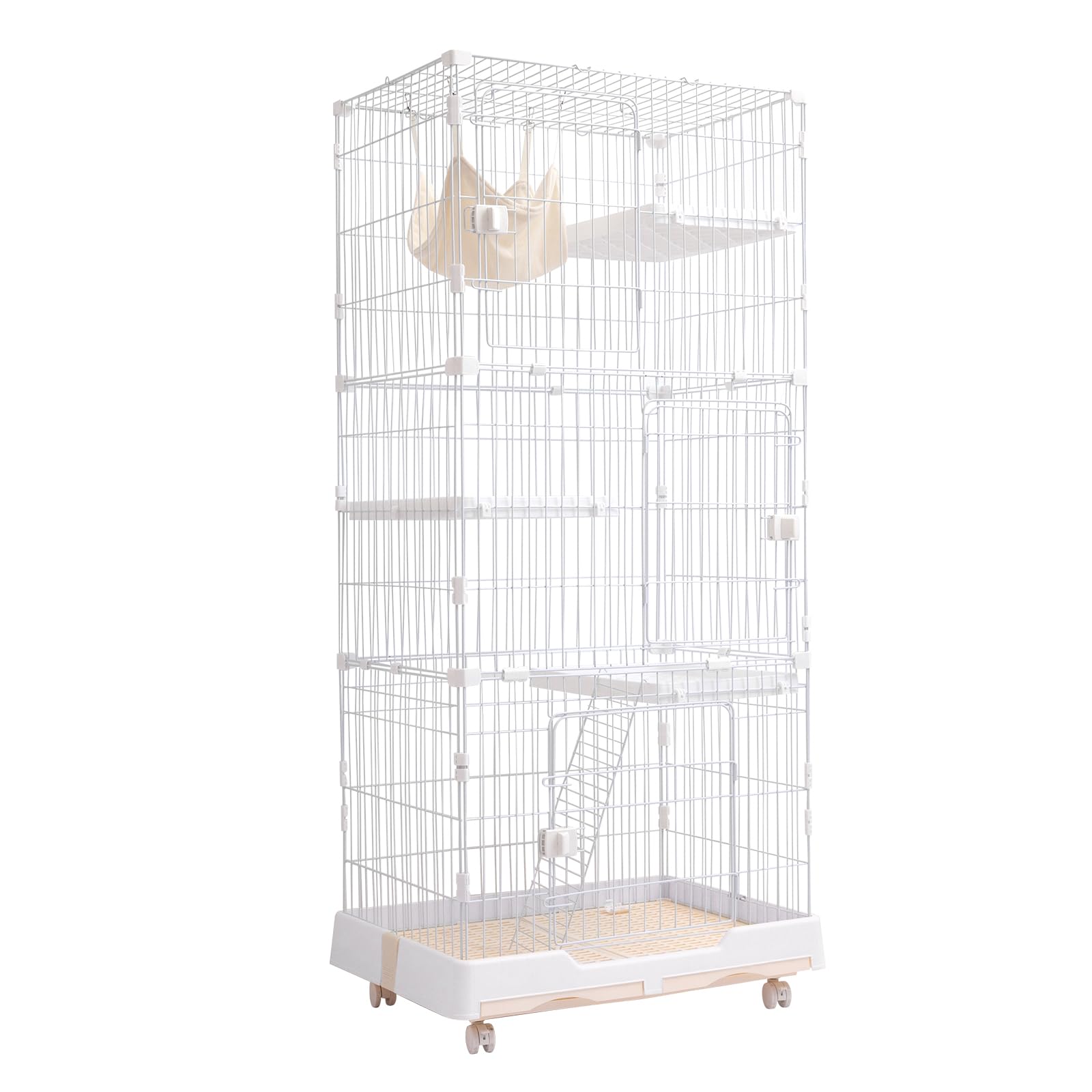 Rakuten - PETTOM 猫ケージ キャットケージ 幅82cm 2/3段 ペット 猫 キャットゲージ キャット タワー 収納 キャスター 付 脱走防止扉 頑丈 檻 ねこ ネコケージ コンパクト ハンモック 多頭飼い (ホワイト 3段)