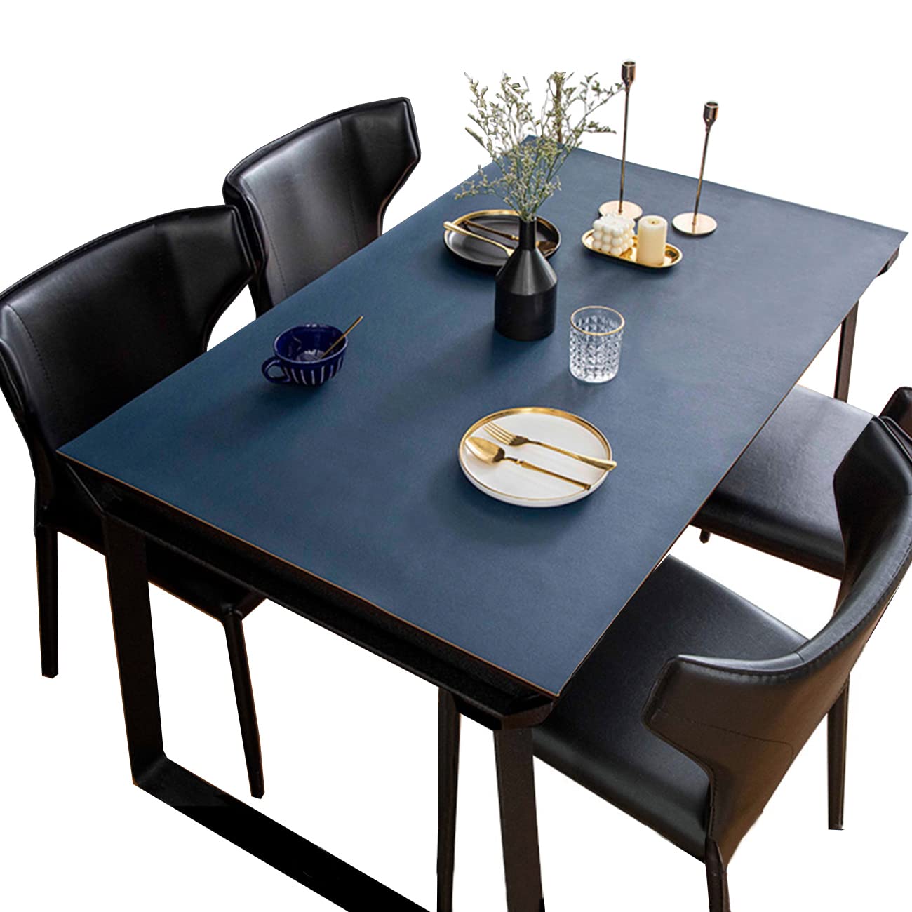 YAHUO PUレザー テーブルクロス テーブルマット デスクマット テーブルカバー 長方形 正方形 両面 防水 汚れ防止 耐久性 ネイビー+オレンジ 90*180cm