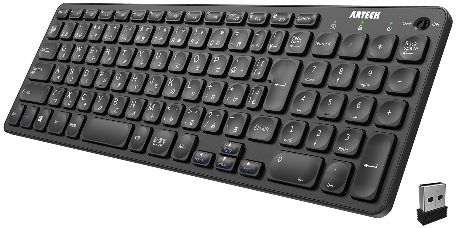 Arteck 2.4Gワイヤレス キーボード 無線 軽量 フルサイズ テンキー付き メディア機能 ホットキー コン..