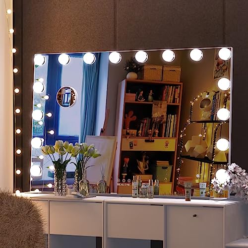 BEAUTME 女優ミラー 化粧鏡 ハリウッドミラー卓上ミラー 3色ライトモード 明るさ調節可能 16個LED電球付き 10倍拡大鏡付き 卓上/壁掛け両用 (白い, 91.1x61.6cm)