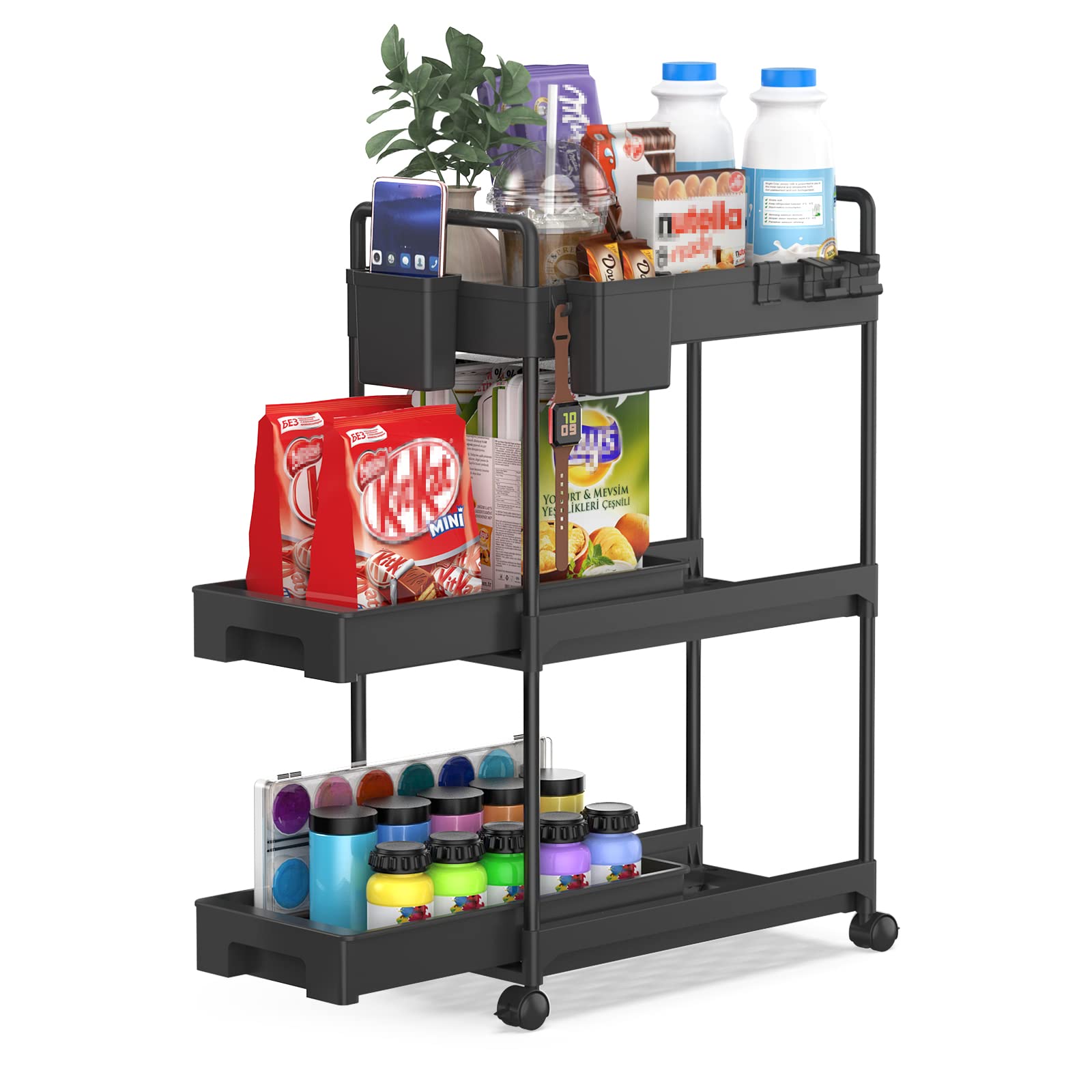 Rakuten - SPACEKEEPER キッチンワゴン 隙間収納 スリム 22cm 収納カップ 仕切板付き 多機能 小物 食品 調味料 キャスター付き 組立簡単 浴室 台所 冷蔵庫横 3段 ブラック (引き出し式)