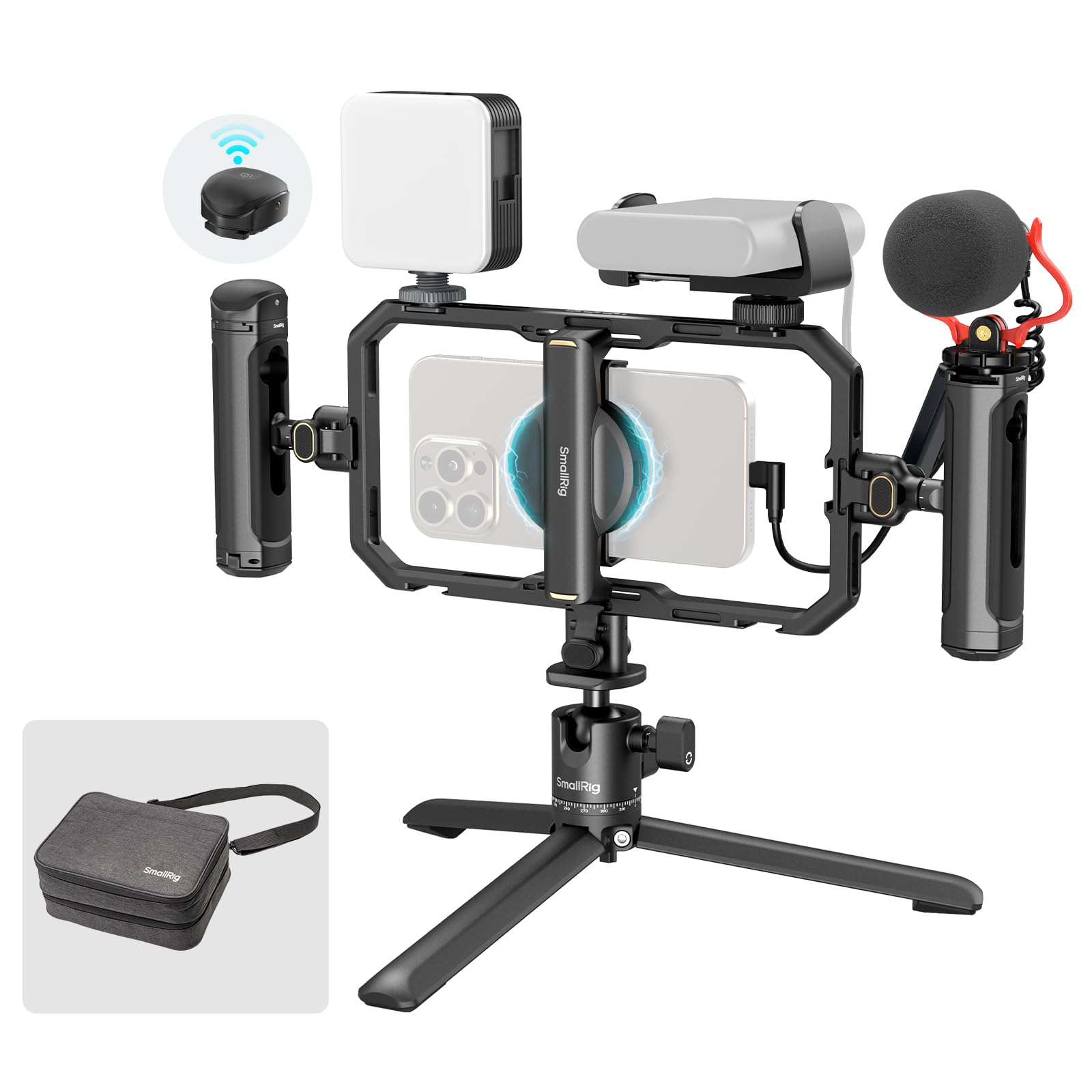 SmallRig スマートフォンビデオキット オールインワン 汎用型 クイックリリーススマホビデオリグキットプロ LEDライト マイク クイックリリース三脚 デュアルハンドル パワーバンクホルダー付き スマートフォンスタビライザーキット Vlogging