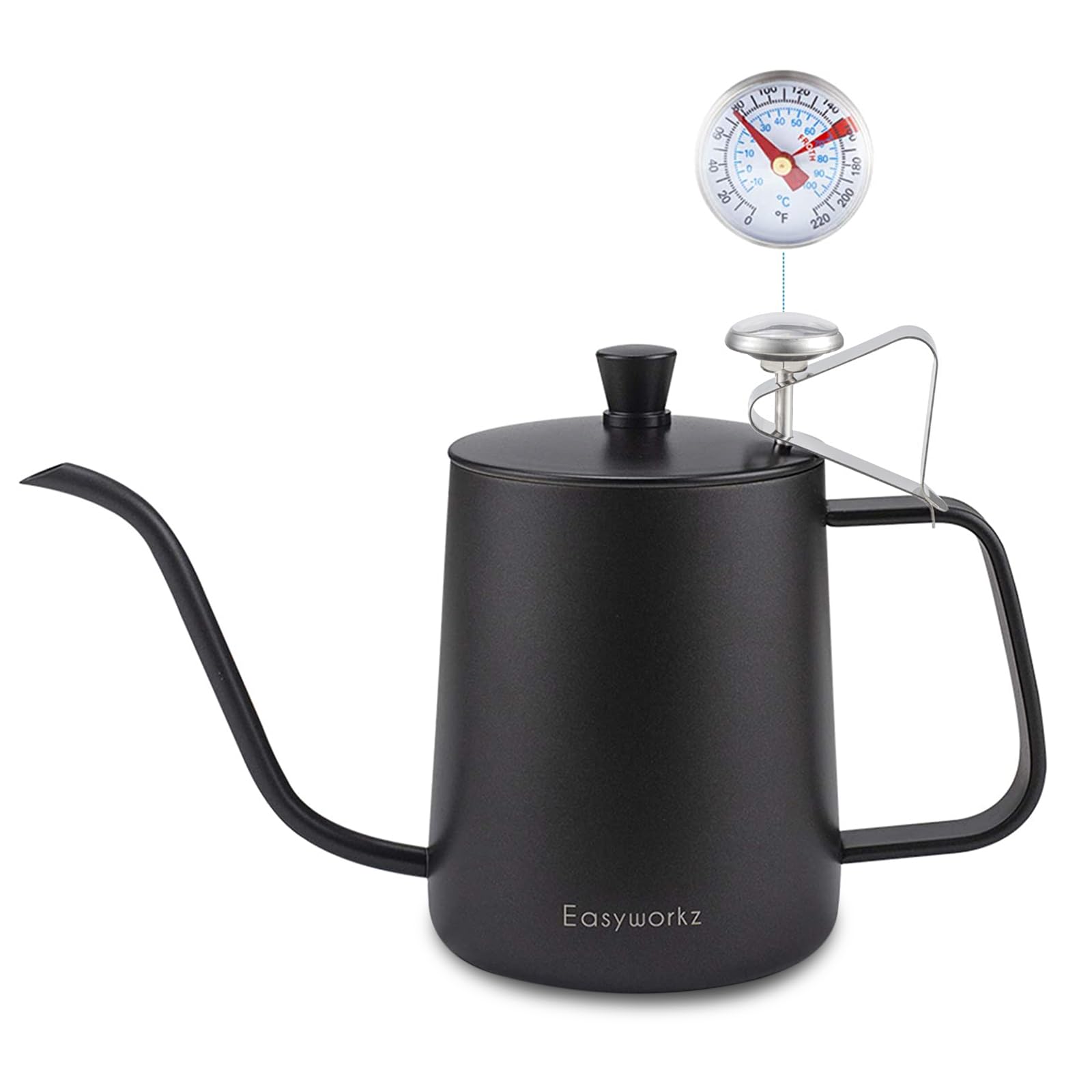 Rakuten - Easyworkz グースネック ケトル 600ml 温度計付き ステンレス鋼 コーヒー ポット ハンド ドリップ 「ブラック」