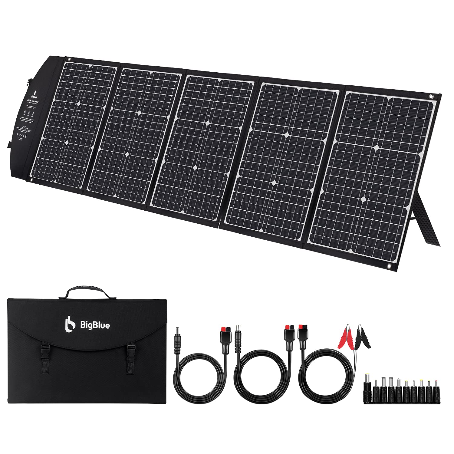 楽天SelectSHOP 岐阜 楽天市場店BigBlue ソーラーパネル 150W PD60wソーラーチャージャー 折りたたみ式 単結晶 10種DCプラグ/DC出力/USB出力/type-C / 急速充電QC3.0搭載 自立スタンド付き 高変換効率 コンパクト 防水 キャンプ 車中泊 省エネ・節電