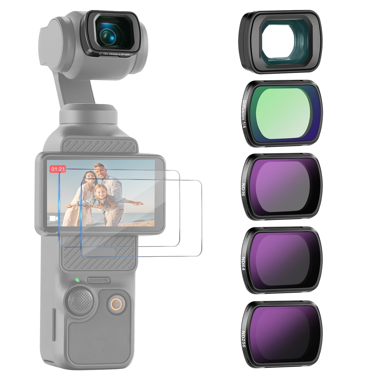 Rakuten - NEEWER NDフィルターセット(4枚)&0.75X広角レンズ コンパチブル DJI Osmo Pocket 3 Creator Combo 108° FOV ND16 ND64 ND256 ブラック1/4拡散フィルター スクリーンプロテクター付き 減光