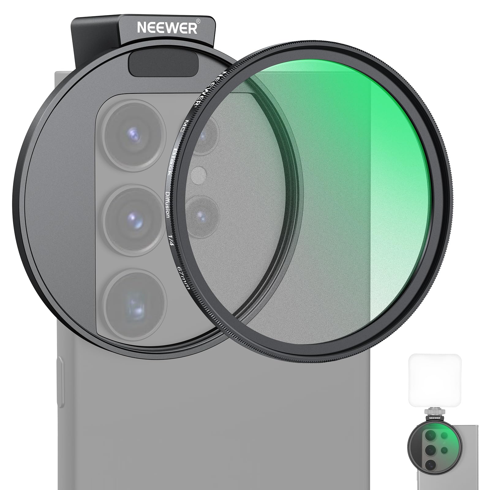 Rakuten - NEEWER 67mm 1/4ブラック拡散フィルター スマホ用 コールドシュースマホクリップ/キャリングポーチ/レンズクリーニングクロス付き ハイライト低減/グレア低減 レンズフィルター カメラレンズフィルター 映画効果フィルター コンパチブル Galax