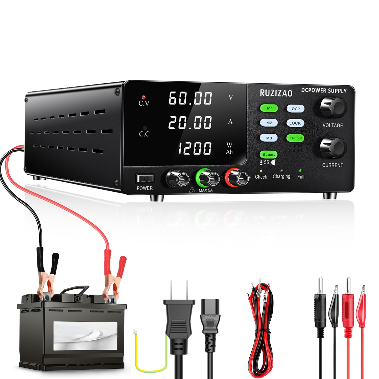 RUZIZAO 安定化電源 60V 20A 1200W 大電力 可変直流安定化電源 4桁電圧電流電力表示 エンコーダ付き ボタン 6V 12V 24V 36V 48V 60V 電池充電用 スイッチング電源 DC 電気制御機器 実験室用 直流実験室電源 テー