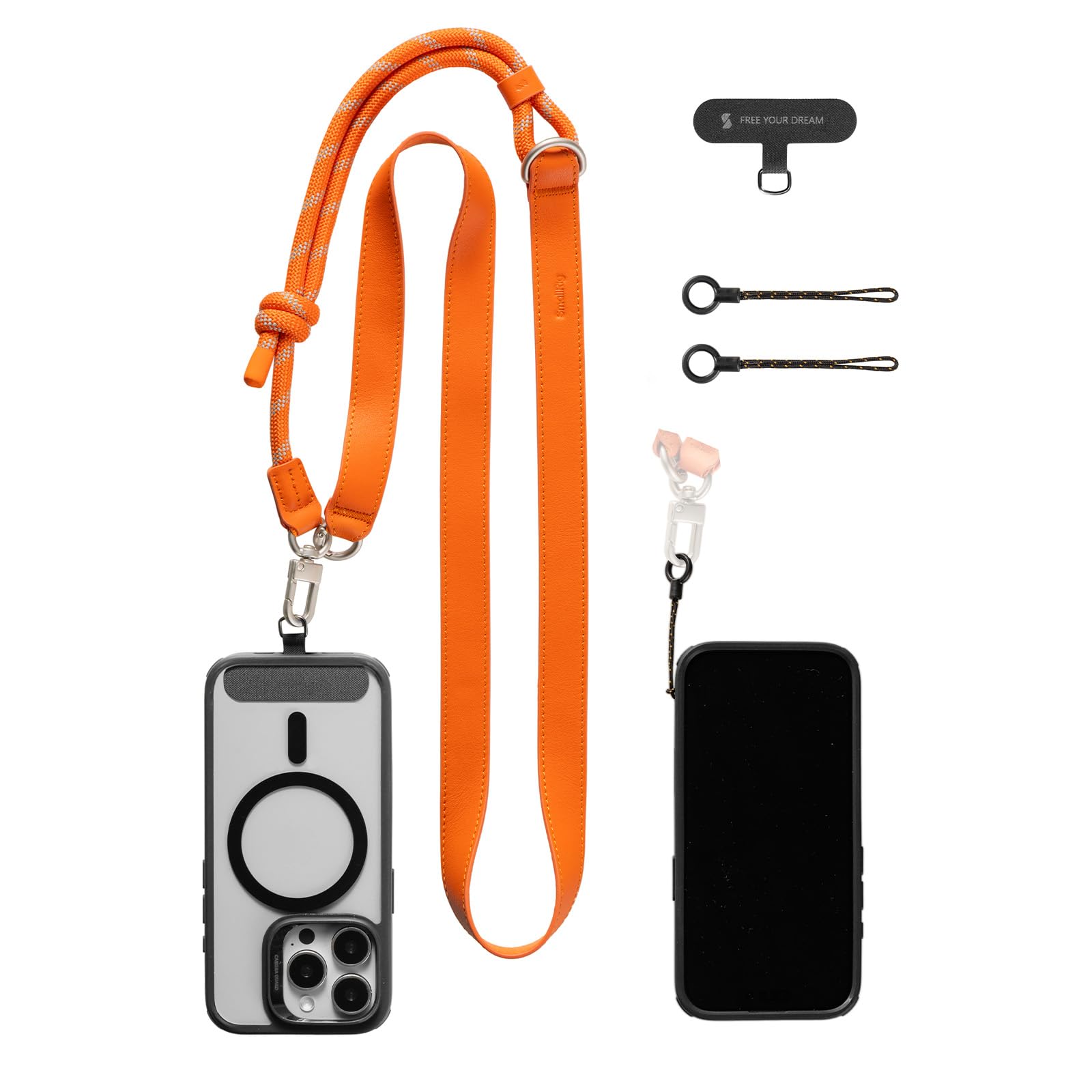 Rakuten - [SMALLRIG] スマホショルダーストラップ 調節可能なネックストラップ/クロスボディストラップ あらゆるスマートフォンに対応 高級レザー＆ナイロン製 鍵やアクセサリー用フック内蔵 iPhone/Samsung対応 オレンジ 5300