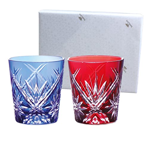 NARUMI(ナルミ) ロックグラス ペアグラス グラスワークス ワルツ 270cc 青&赤 色被せ 切子 ウィスキーグラス オールドグラス 結婚祝い 父の日 ...