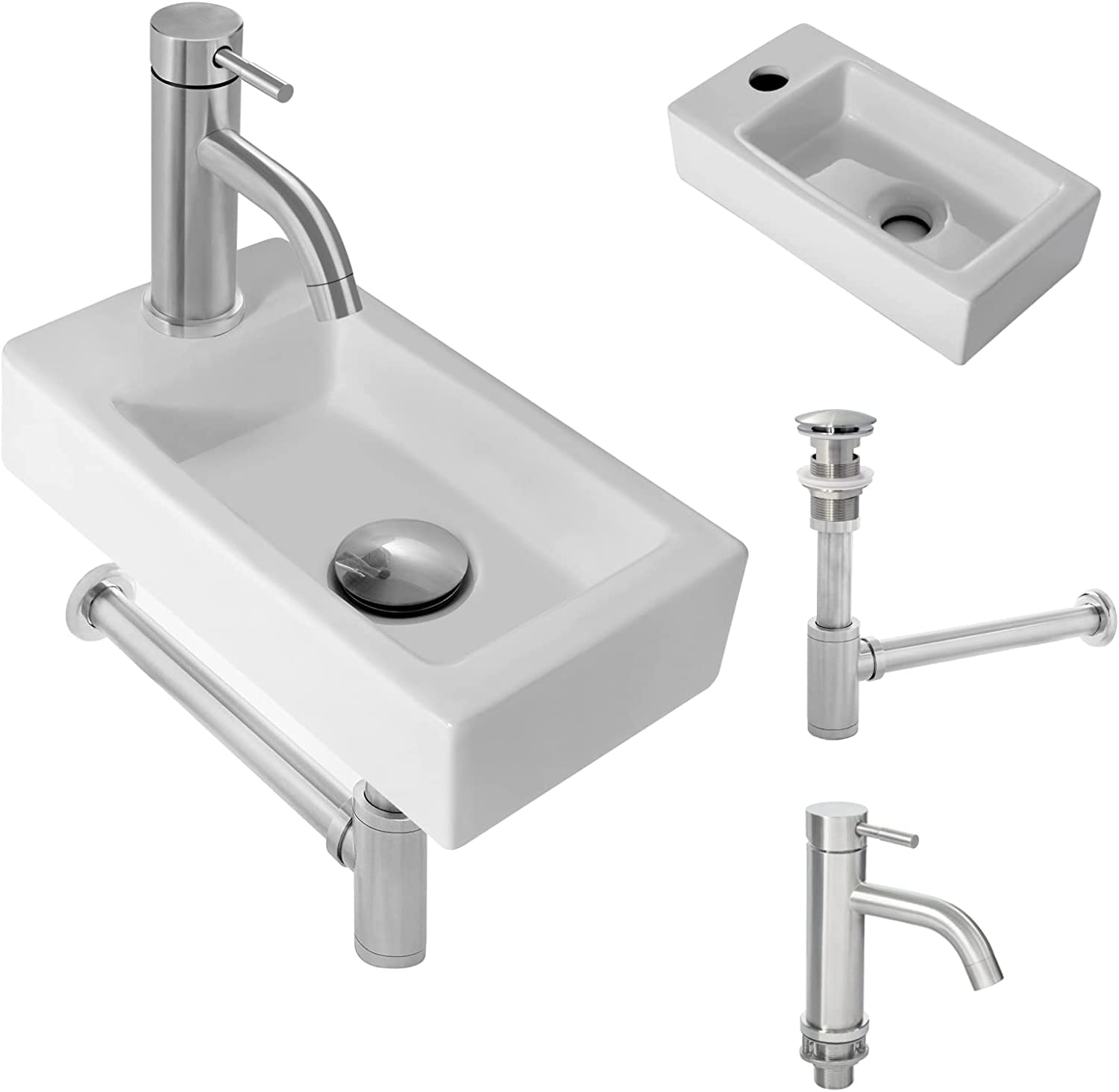 Rxakudedo 手洗い 器 壁付け型 陶器製 小さなトイレに適し洗面器 蛇口 水栓&排水金具付き 和風 洋風 壁掛け おしゃれ シンプル 洗面台 キッチン用水栓 混合水栓 (左側洗面器+蛇口)