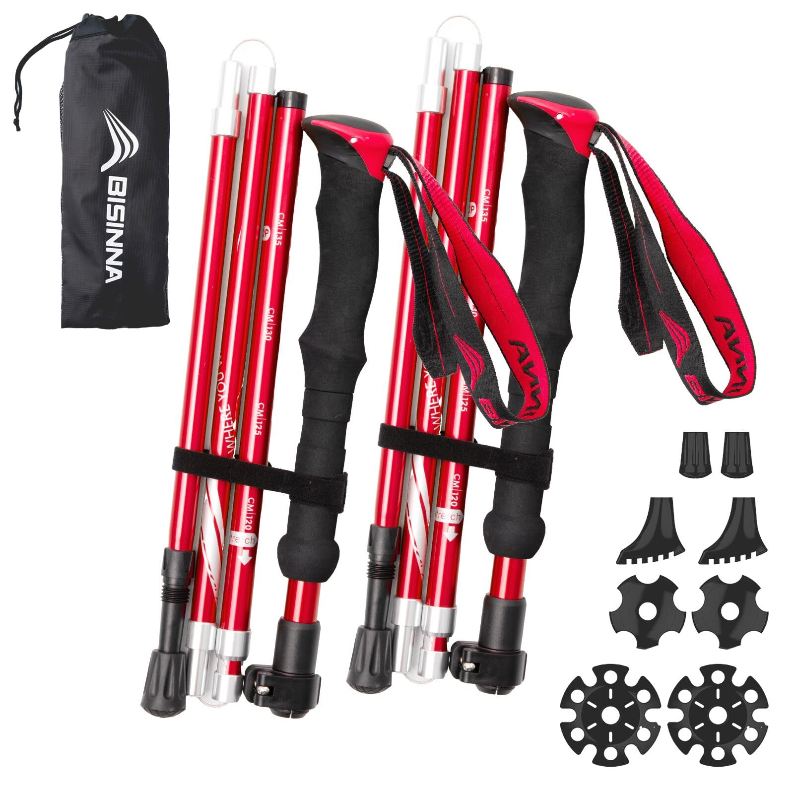 楽天SelectSHOP 岐阜 楽天市場店BISINNAトレッキングポール 折畳み 軽量 登山用ストック 2本セット コンパクト アルミ製 長さ調整可能 5段伸縮式 登山 ウォーキング アウトドア ハイキング 遠足 散歩 男女兼用 専用収納袋付き 持ち運びが便利 95-110cm（レッド）