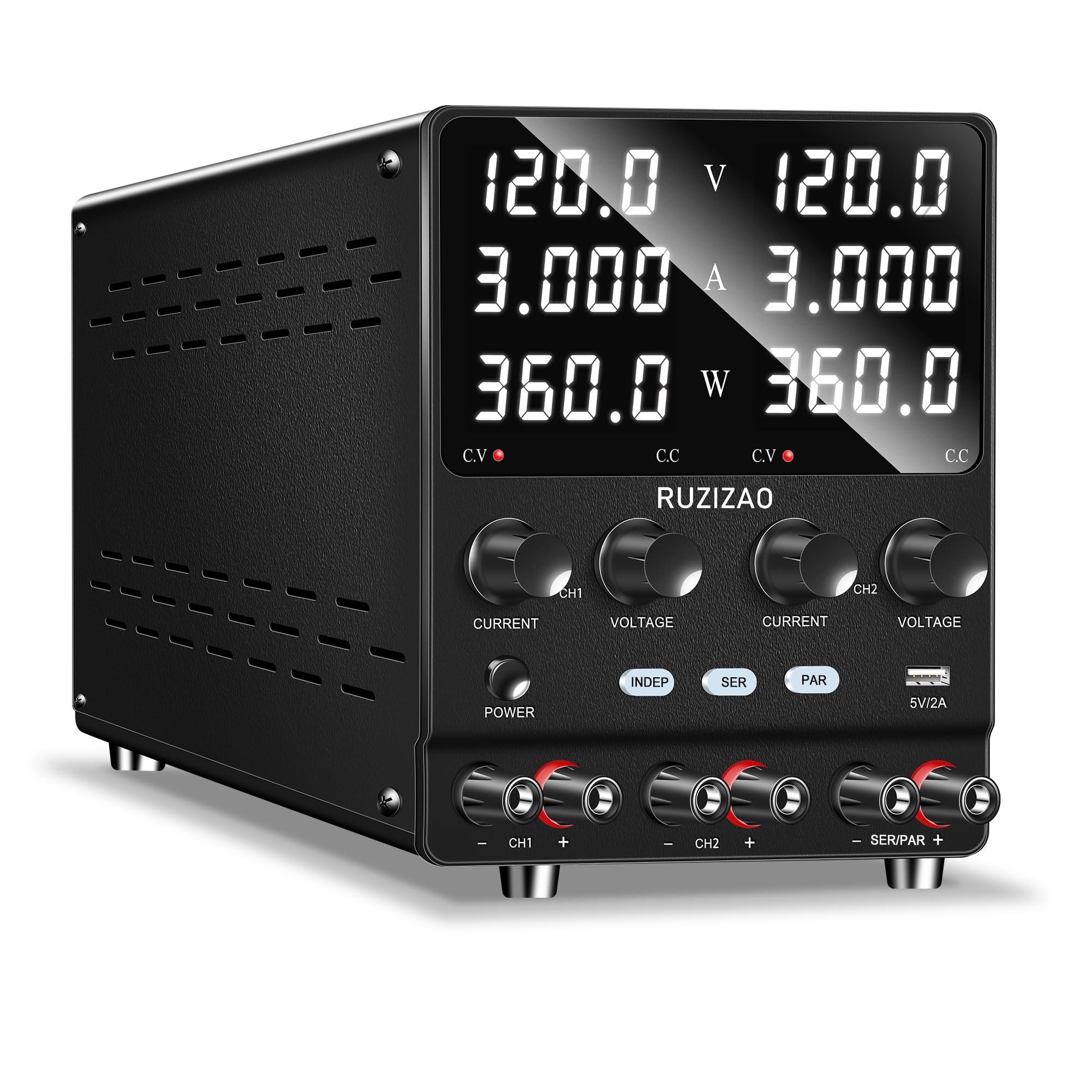 RUZIZAO デュアル出力 可変直流安定化電源 120V 3A 2つの4桁電圧電流電力表示 直列/並列 変換120V 6A/240V 3A 大電力 エンコーダ調整 スイッチング電源 4-in-1 電気制御機器 2人で操作可能 電源機器 日本プラグパワー線