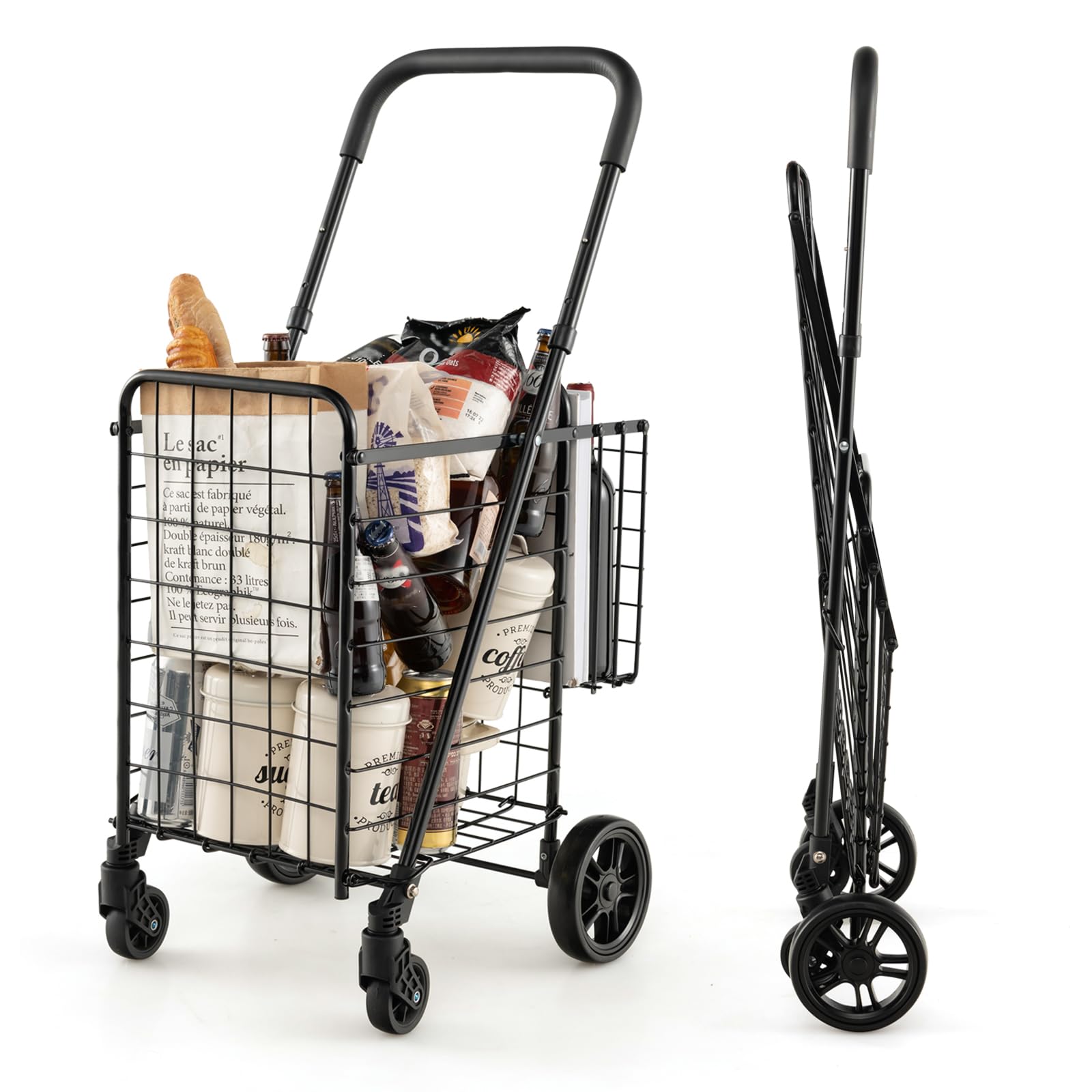 楽天SelectSHOP 岐阜 楽天市場店GIANTEX ショッピングカート 折り畳み 4輪 耐荷重20kg ショッピングキャリー 買い物カート 折りたたみ式 大容量 収納便利 横押し 多用途 アウトドア 高齢者 プレゼント 荷物運搬 引越し 買い物 キャン 釣り ピクニックに最適 ブラック/シル