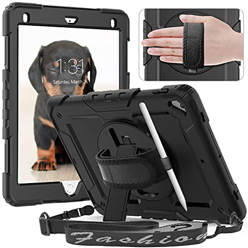 Rakuten - Timecity iPad 第6世代/ 第5世代/ Air2/ Pro 9.7 インチ ケース 耐衝撃 保護フィルム 360回転スタンド ショルダー&ハンドストラップ ペン収納付き 防塵 頑丈 仕事用 現場 工事 子供 2018/2017 iPad 9.7
