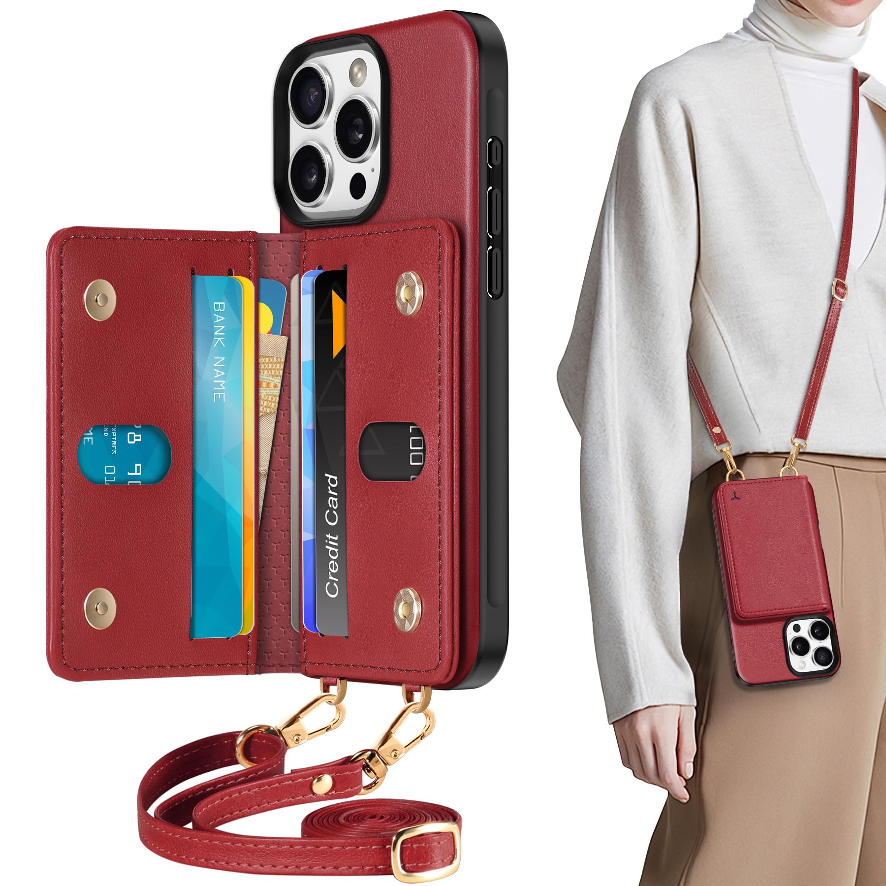 TUCCH iPhone16Pro 対応 ケース 背面 手帳型 ショルダー ストラップ付き アイフォーン16プロカバー PUレザー [RFIDブロッキング] 6つポケット 取り外し不可 財布型 肩掛け 斜め掛け TPU素材 衝撃吸収 あいふぉん16プロ携帯