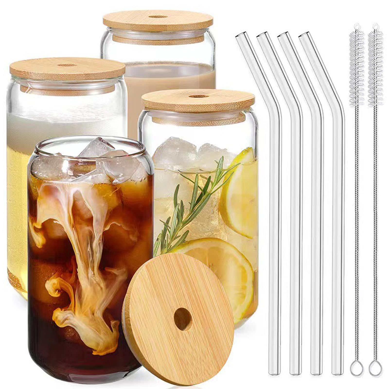 QuiExact ガラスコップ 380ml 4個セット 薄づくり ハイボールグラス 食洗機 電子レンジ対応 耐熱 グラス コップ ストロー付き 蓋付き うすはり...