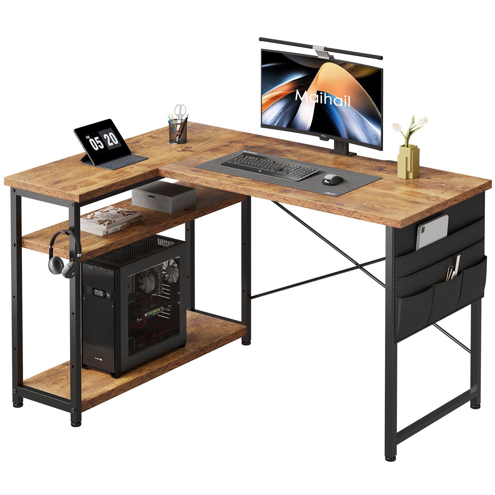 Maihail デスク 机 pcデスク パソコンデスク l字デスク 右棚左棚 幅120cm desk コーナーデスク つくえ 棚板高さ調節可能 作業机 L字型 勉強机 在宅ワークデスク リモートワーク ゲームデスク ラック付き ピンテージ
