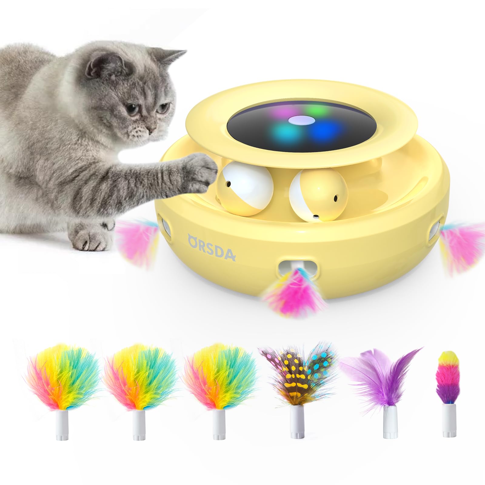 新T60Y 猫おもちゃ 電動 ORSDA 猫じゃらし 自動 猫ボール 2in1一体式 6本取り替え人工毛付 一人遊び猫おもちゃ自動 スピード調整可能 寂しさ解消/運動不足対策 狩猟天性満足 猫大興奮 説明書付 イエロー