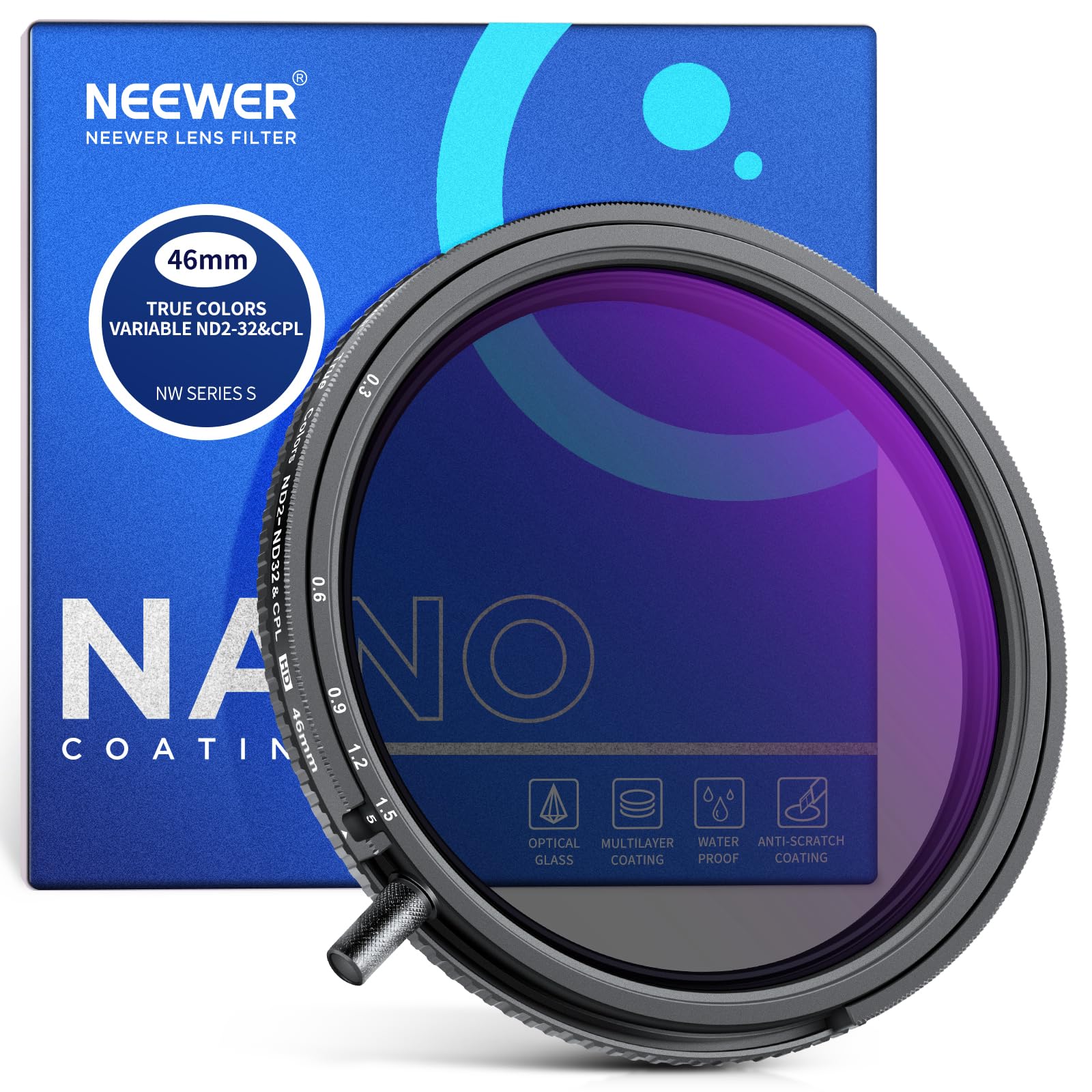 Rakuten - NEEWER 46mm トゥルーカラー可変ND2-32とCPLフィルター 2in1 調整可能 減光と円偏光フィルター マルチコーティングHD光学ガラス/アルミ合金フレーム