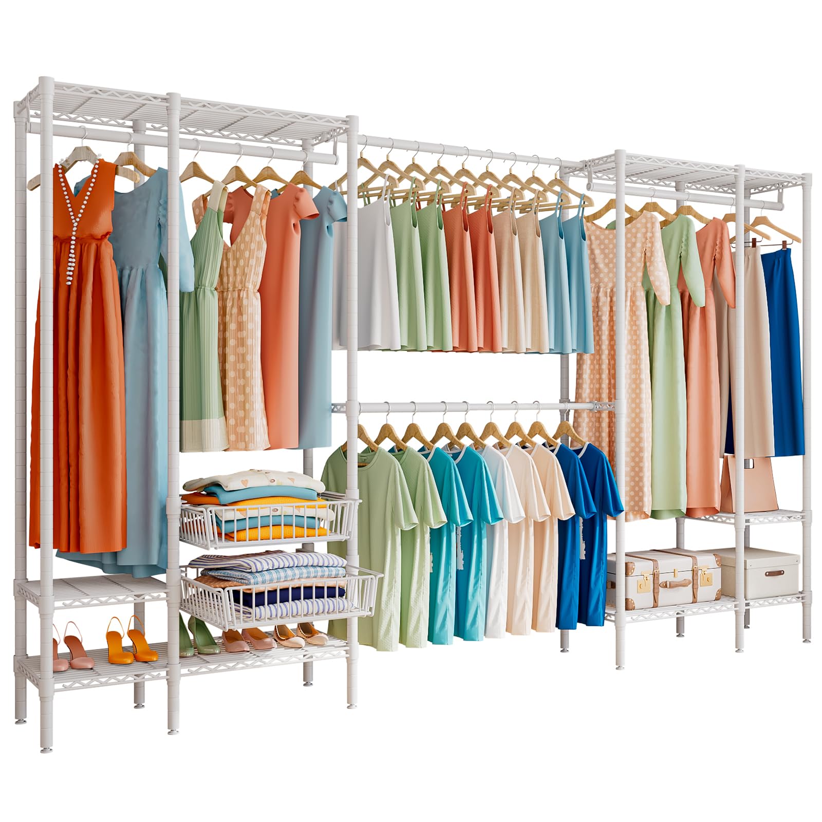 「Humrriet」ハンガーラック パイプハンガー 洋服ラック 洋服ハンガー ワードローブ 物干しスタンド ダブル コート掛け 衣類収納 頑丈 大容量 省スペース 組立簡単 （249~297）*39*192cm (ホワイト)