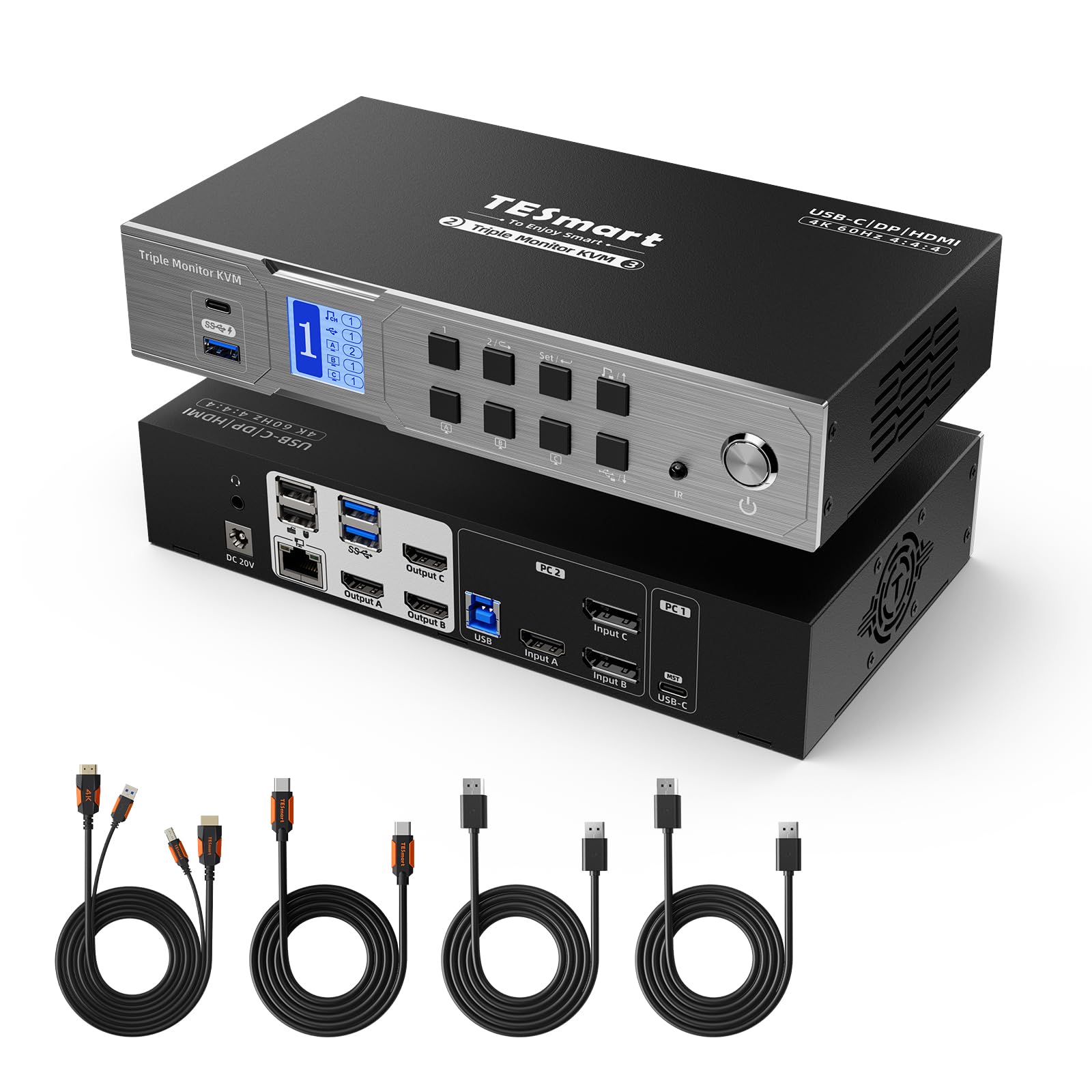 TESmart KVMスイッチ 2入力3出力 USB-C+HDMI+DisplayPort MST対応 KVM切替器 USB3.0 4K@60Hz 2PC3モニター用 1000MbpsLANポート 充電対応 ホットキー EDID機能 L/Rオーディオポート