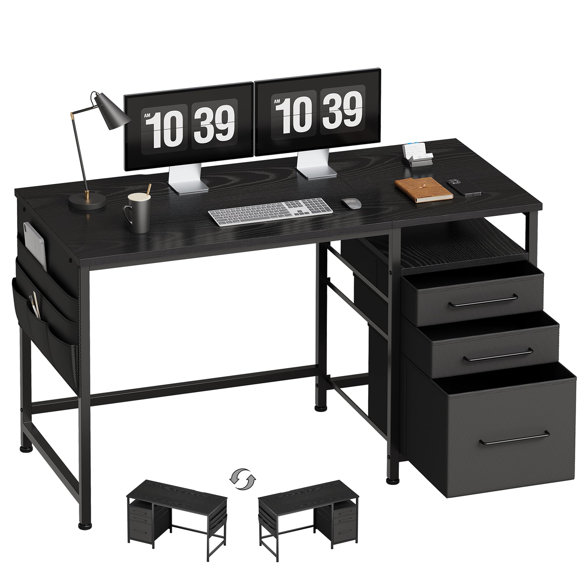 Maihail 机 pcデスク パソコンデスク 幅120cm×奥行45cm 勉強机 学習机 左右入替可 布製引き出し付き ゲーミングデスク パソコンテーブル 収納 黒