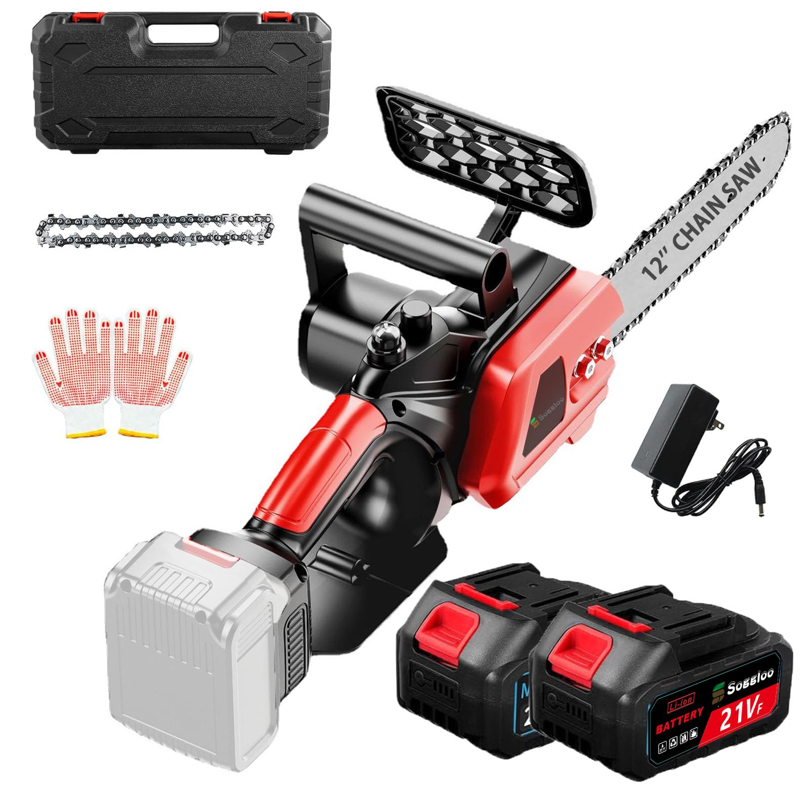 Soggloo チェーンソー 充電式 12インチ 電動ちえーんソー ブラシレスモーター搭載 大容量4.0Ahバッテリー2個付き 自動給油 最大切断幅30cm 本体1.9kg 軽量 片手操作 21V 強力 18V電池互換 家庭用 木工切断 伐採 園芸設備 収