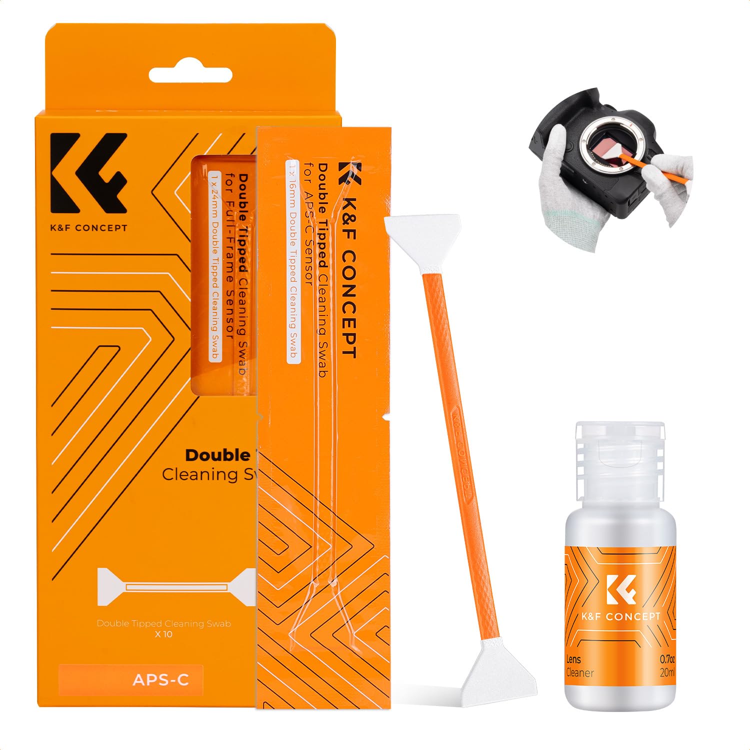 K&F CONCEPT センサークリーニングキット 2 点セット ダブルヘッド 16mm APS-Cセンサー用スワブ 20ml クリーナー+10本クリーニング綿棒..