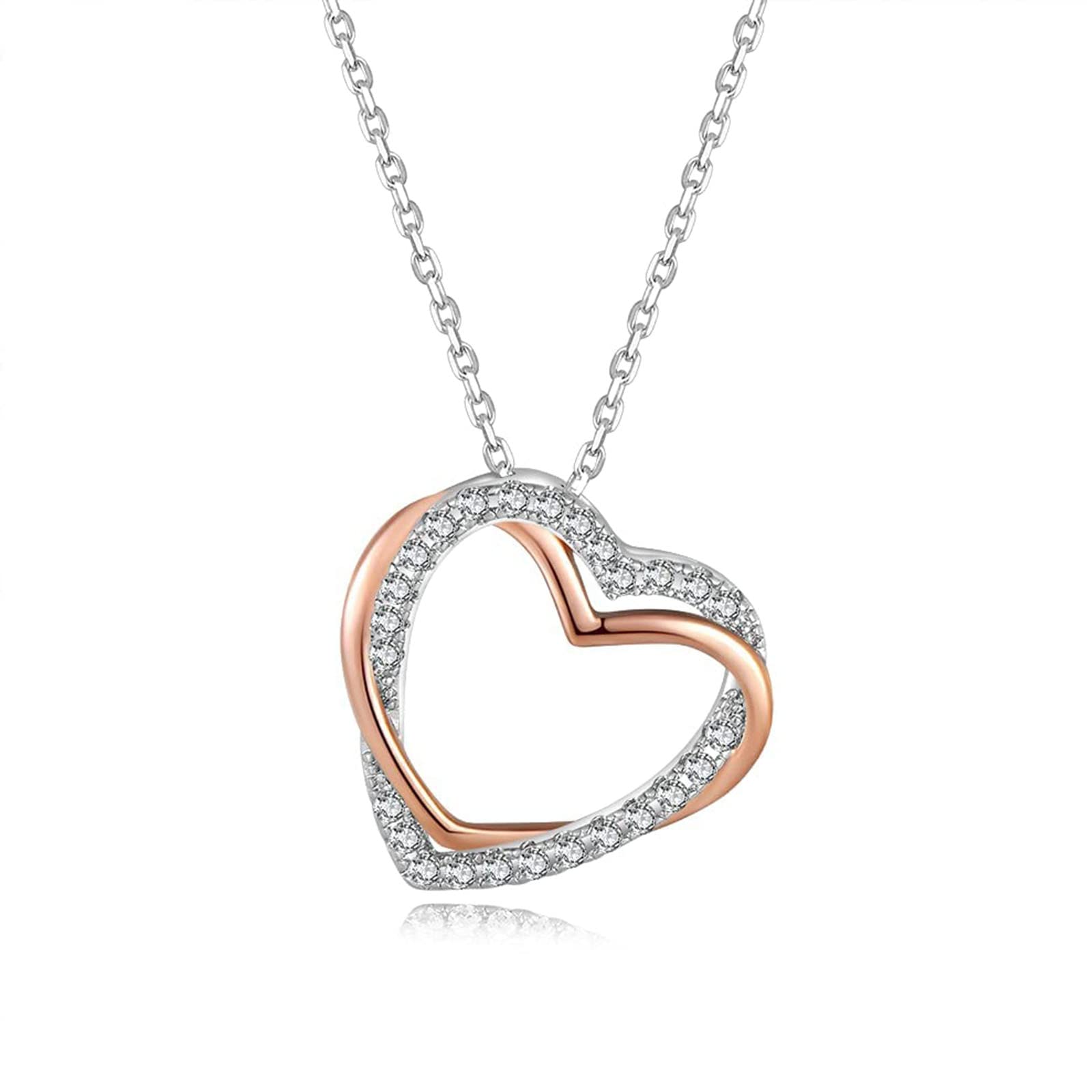・ダブルハートデザイン：このローズゴールドネックレスは、2つのハートが絡み合っており、甘い愛を意味します。 シンプルなシルバーに輝くジルコン、繊細で愛らしい・低刺激性： このハートペンダントネックレスはS925シルバー製で、色あせしにくくな...