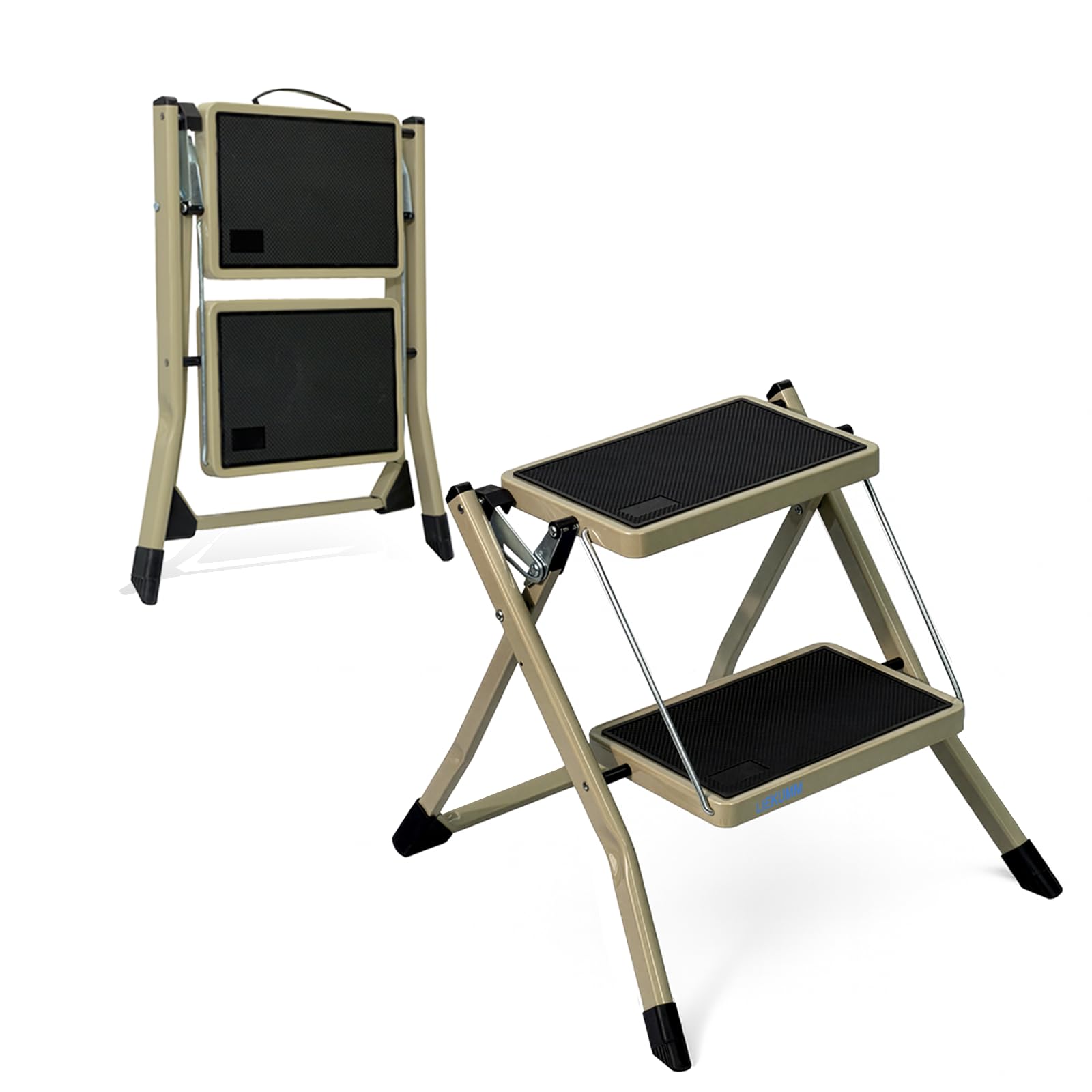 Rakuten - LIEKUMM 踏み台 2段 折りたたみ式 耐荷重150kg ステップ 踏み台 スチール製 滑り止め 脚立 足場台 作業台 コンパクト収納 台所 リビング 掃除用 洗車 トイレ 室内外兼用 カーキ