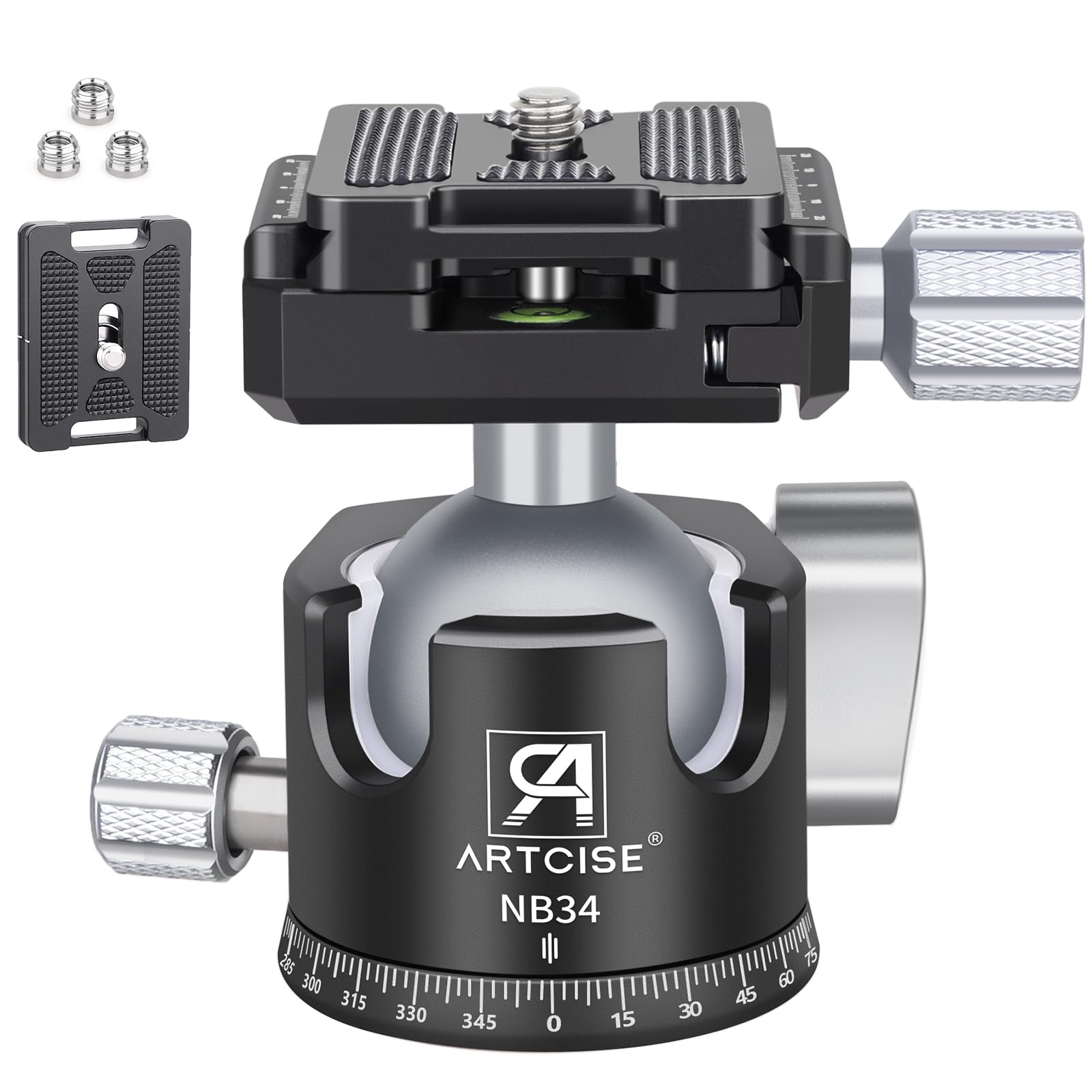 Rakuten - ARTCISE 34mm 低重心ボール雲台アルミ合金 CNC精密加工 耐腐食 アルカスイス三脚ヘッド 15kg耐荷重 0.26kg軽量 360°目盛りパノラマ/U型縦位置対応 バブル水準器付