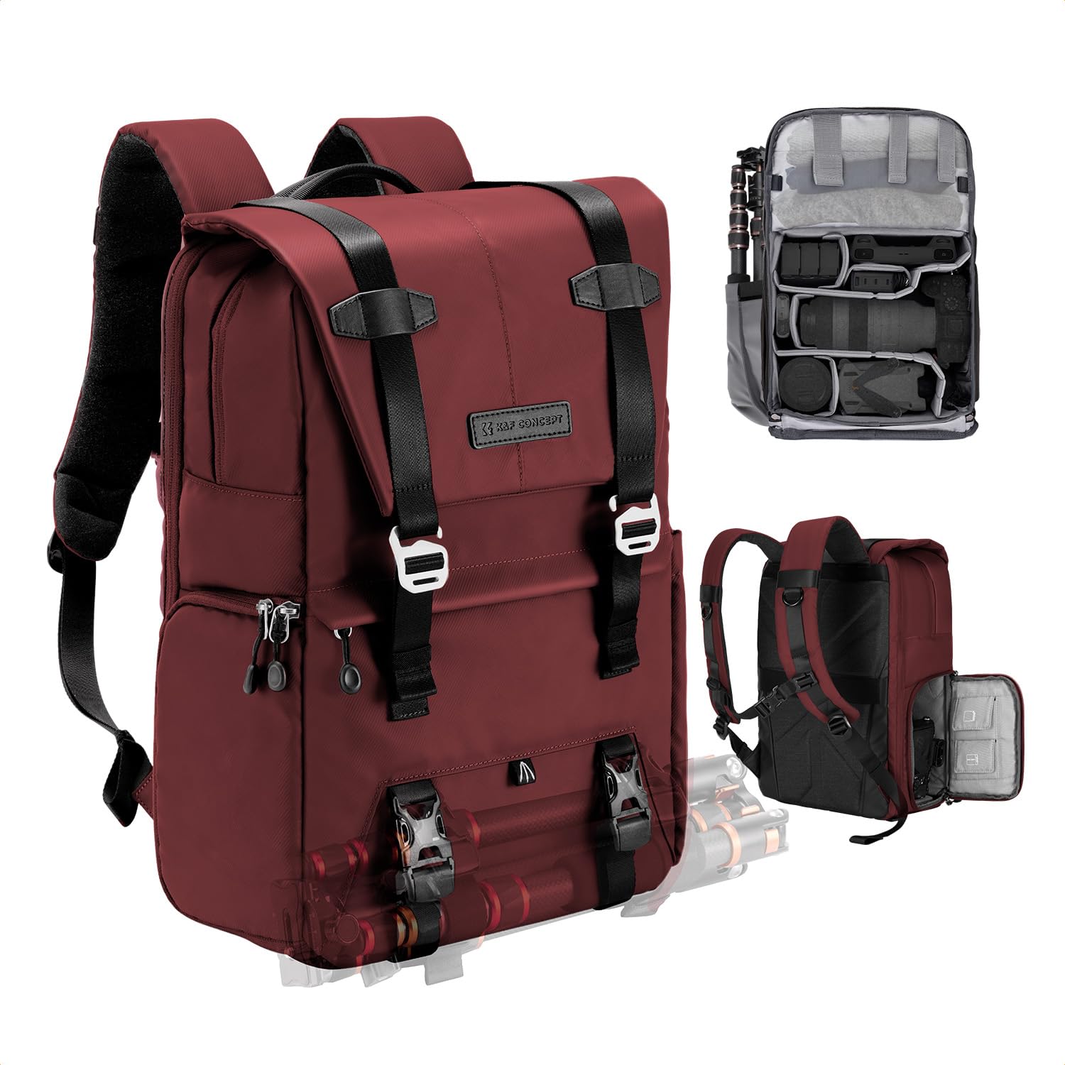 K＆F Concept カメラバッグ おしゃれ カメラリュック カメラバックパック 2気室 20L 大容量 レインカバー付き 撮影バッグ 防水 一眼レフ/DSLRカメラ/レンズ/16インチPC/三脚収納可 出張/旅行/撮影用