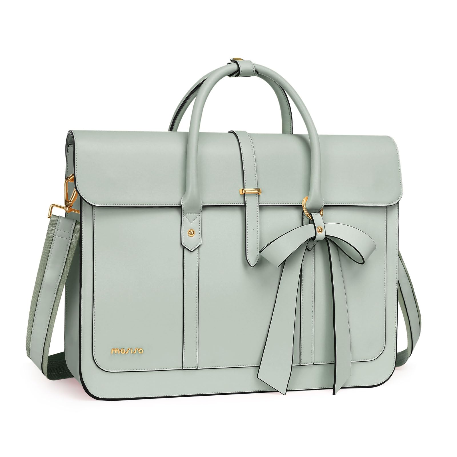 [MOSISO] 女性用 ラップトップバッグ、15-15.6インチ、PUレザーノートパソコンショルダーバッグ、バックパックに変換可能、16インチ、メッセンジャーバッグ カジュアルハンドバッグ 仕事ブリーフケース旅行用コンピューターバッグ 蝶結び付き(セージ