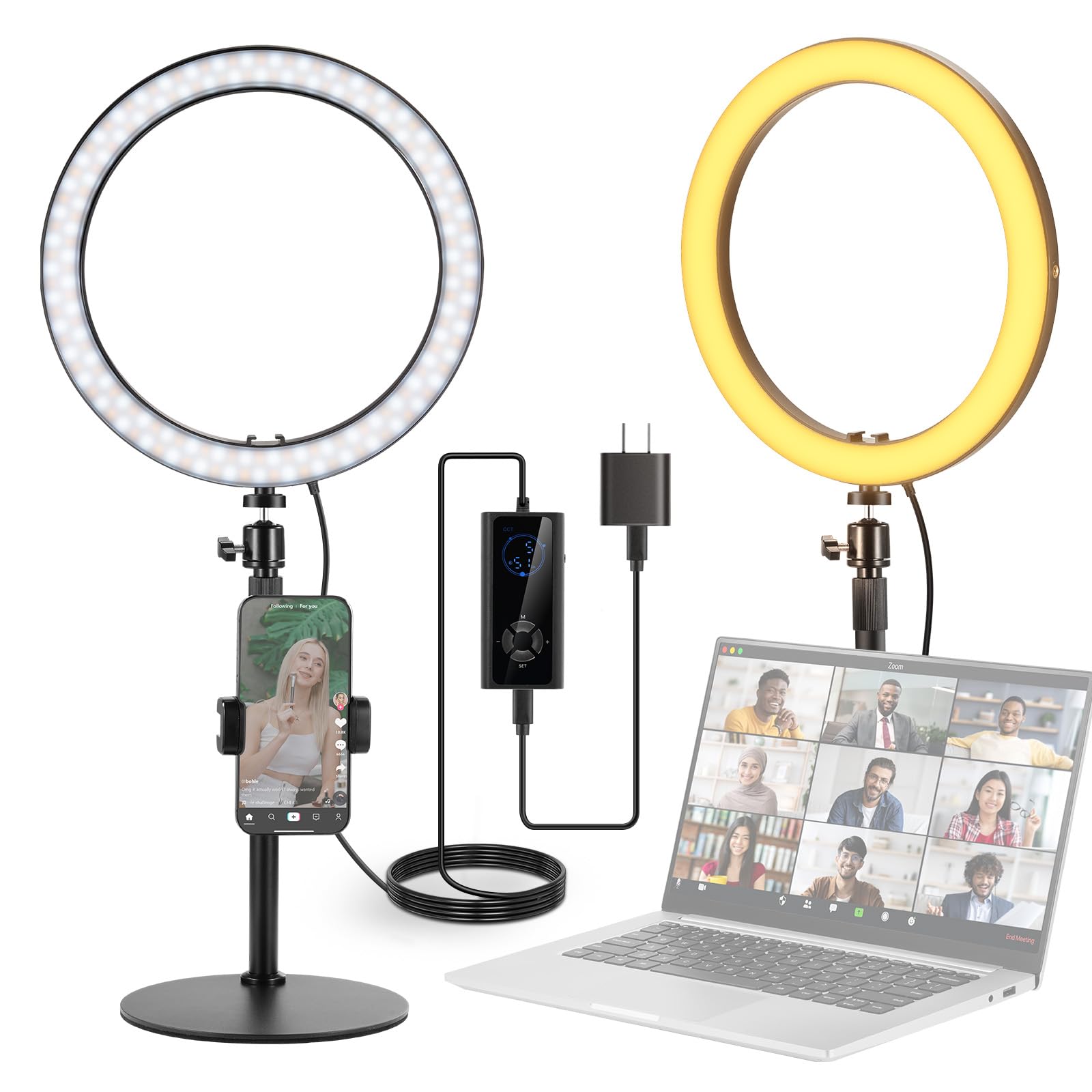 ・【高輝度&高演色性】スマホ用リングライトは180個LED(90個冷白色+90個暖白色)を備え、CRI97+/TLCI98+高演色性を実現し、ズーム会議/ビデオ録画/TikTok動画/生放送/vlogに最適な照明環境を提供します。0-100%無段階調光可能で1810lux/0.5m明るさは、美容化粧、まつげエクステ、タトゥーなど正確な色再現をサポートし、自撮りライトとしても自然な肌映りを実現します。・【CCT調光&12種FX効果モード】LEDリングライトは2900K-7000K色温度調整で、暖色と寒色の自然光再現が可能で、肌のトーンに合わせた最適な照明設定で、肌色を美しくし、顔を明るくし、シミや影を最小限に目立たせません。FXモードはドラマチック/ロマンティックなど12種類リアルシーン効果をワンタッチで選択でき、有線リモコンで生放送中でもスムーズな切り替えが可能です。・【高さ調整可能な卓上スタンド】自撮りリングライトは卓上スタンドが含まれ、29-45cm範囲で柔軟に高さ調整可能で、動画撮影、化粧作業、WEB会議に最適で、スタンド式スマホリングライトとして、YouTuber、ビジネスパーソン、美容師にとって多様なニーズに満足します。ノートPCモニター横に設置すれば、常にプロ仕様照明環境が整います。・【360°ボールヘッド&コールドシューマウント】ビデオ撮影ライトは1/4"ネジ付き360°ボールヘッドが付属し、リングライトを卓上ライトスタンドに簡単に取り付けられ、360°回転と90°チルトが可能で、柔軟な角度調整ができます。コールドシューマウントは、柔軟なスマホホルダーを固定し、スマホを所定の位置に保持して、多目的なモバイルギア写真撮影を可能にします。・【Bluetoothシャッター付きスマホ撮影キット】ポータブルリングライトは360°回転式スマホホルダーを備え、垂直方向と水平方向にスマホを固定できます。大型LEDリングライトは卓上スタンドもあり、ビデオ録画、自撮り写真、vlog用の照明として機能し、一人でも簡単に高品質な動画コンテンツが作成されます。コンパチブル iPhone 16 15 Pro Max Plus、S24 Ultraスマホなどで、Bluetoothシャッターリリースが付属しており、ワンクリックするだけで写真やビデオを撮影します。*商品説明： NEEWER RH12B 12"/30cm バイカラーリングライトは、化粧チュートリアル、生放送、ビデオ通話、自撮りに理想的な光源です。180個優れたLEDを搭載し、24W出力で、0.5mで1810Lux明るさ、CRI 97+/TLCI 97+正確な色再現性、2900K-7000K調整可能な色温度範囲を実現し、どんな肌色にも合わせます。円形設計は、厳しい影を最小限に抑えながら、目の輝きを引き立てます。付属品には、頑丈な卓上スタンド、ボールヘッド、柔軟なスマホホルダー、Bluetoothシャッターが含まれ、写真撮影やビデオ撮影に便利で、24W PD USB タイプC接続で給電され、あらゆる設定で持ち運びやすく使いやすいです。 *仕様： モデル: RH12B アイテムタイプ: リングライト 互換性: iOS&Androidスマホ 主な特徴: コンパクト/明るい 取り付けポイント: コールドシュー、1/4"ネジ LED数: 180個 最大電力: 24W 最大照度: 1810lux/0.5m 色温度: 2900K-7000K カラーモード: バイカラー CRI/TLCI: 97+/98+ 特殊シーン効果: 12種類 リングライト直径: 30cm 卓上スタンド高さ: 29-45cm *パッケージ内容： 1x RH12Bリングライト 1x 卓上スタンド 1x ボールヘッド 1x 柔軟なスマホホルダー 1x Bluetoothシャッターリリース 1x USB電源アダプター 1x USBタイプCケーブル 1x マニュアル