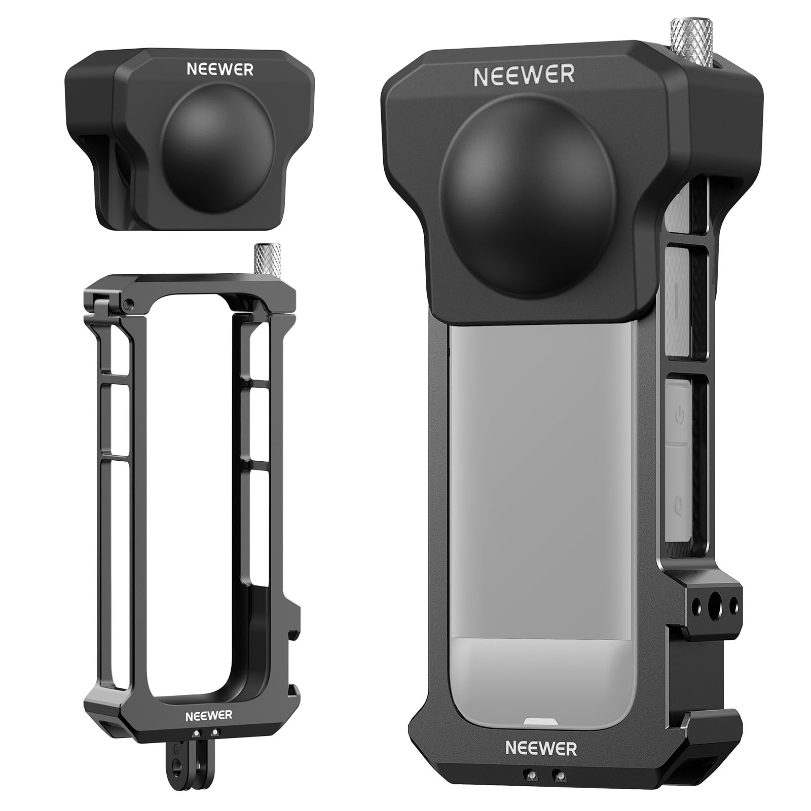 NEEWER アクションカメラケージ コンパチブル Insta360 X4 アルミ合金フレーム 組立不要 レンズ保護キャップ/折りたたみ式フィンガー付き カメラ固定保護 ビデオリグ ビデオケージ 保護ケース AC010