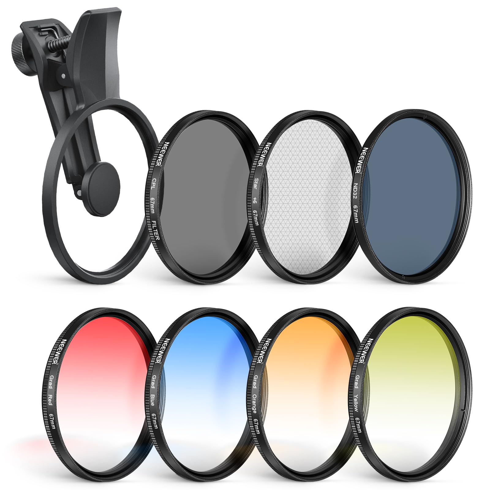 楽天SelectSHOP 岐阜 楽天市場店NEEWER 67mm 7枚パック NDフィルターセット コンパチブル Androidスマホ Pixel Xiaomi クリップオン CPL+ND32+スターライトフィルター+GND（赤/橙/黄/青） 減光フィルター 円偏光レンズ スマホレンズィルター 写