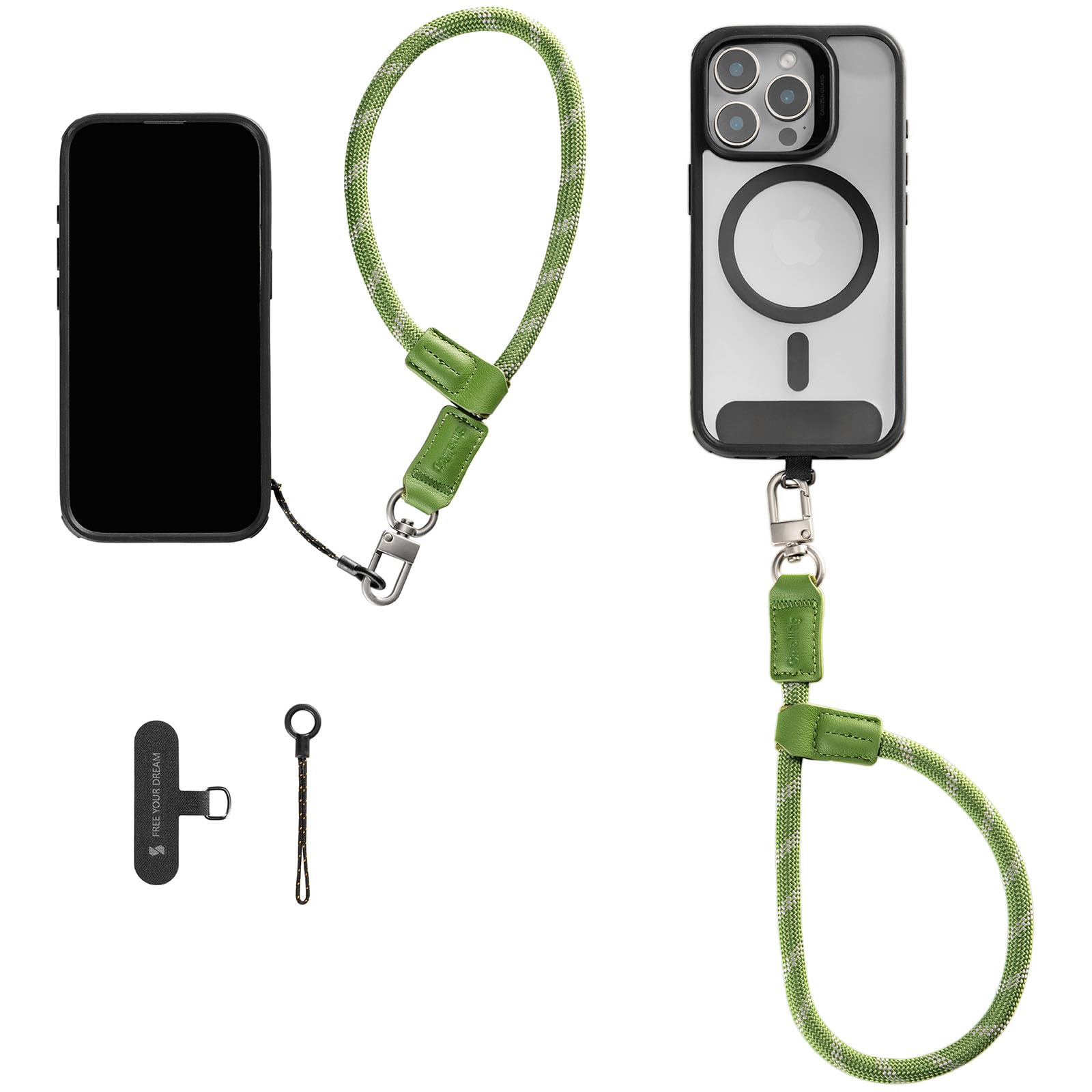 Rakuten - [SMALLRIG] 調節可能なスマートフォン用リストストラップ 38cm レザー＆ナイロン製リストストラップ スマートフォン用 鍵やアクセサリー用フック内蔵 iPhone Samsung用 グリーン 5303