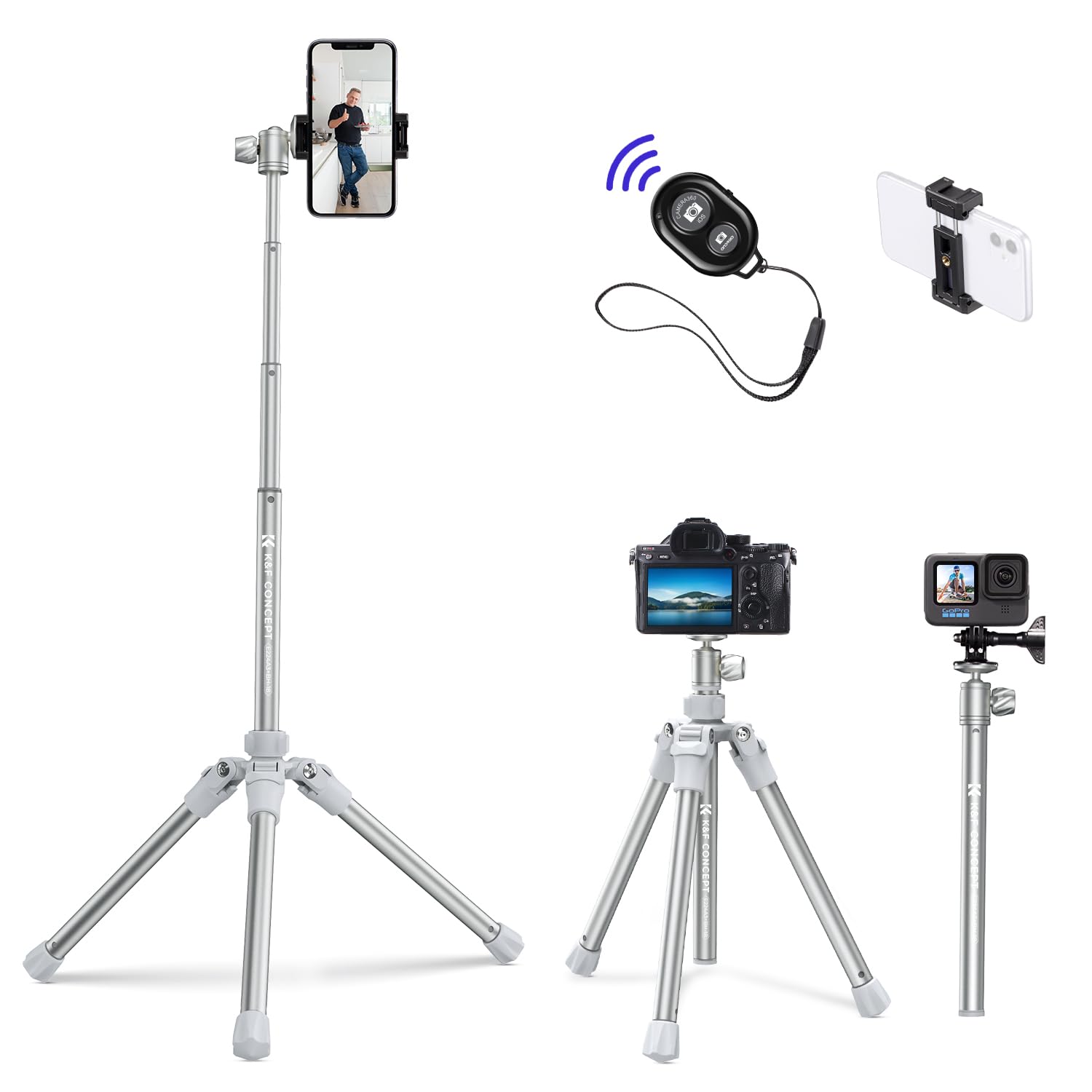 Rakuten - K&F Concept トラベル三脚 偏心チューブ 4段 全高170cm 縮長30cm 脚径 22mm 小型 自由雲台 アルカスイス互換 アルミ三脚 生放送ビデオ VLOG 撮影に対応 シルバー
