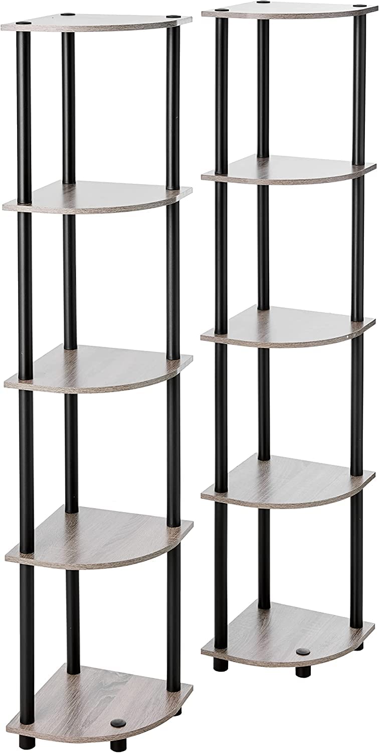 フリノ(Furinno) 5段コーナーシェルフ・コーナーラック 2台セット Turn-N-Tube 高さ146.6×幅29.5×奥行29.5cm カラー:フレンチオークグレー/ブラック 【日本正規輸入品】 ?2-99811GYW