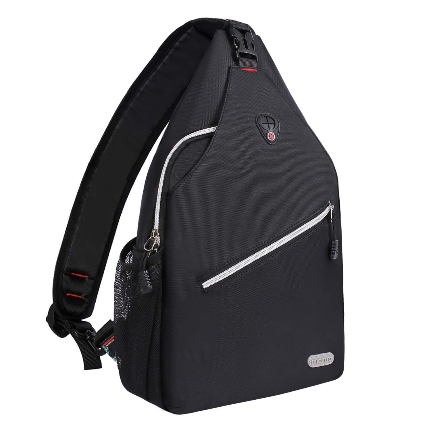 [MOSISO] ボディバッグ 斜めがけ ワンショルダー ポリエステル 軽量 撥水 左右肩掛け可能 対応機種MacBook Retina 13収納可 イヤホン穴付き 胸バッグ メンズ レディース 登山 旅行 スポーツ 日常(ブラック)