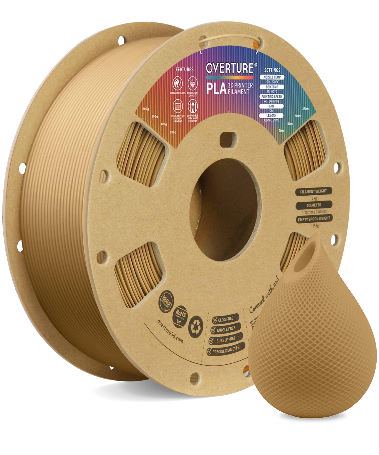 OVERTURE PLA フィラメント 3Dプリンター用素材 3D印刷 3Dプリンター フィラメント 1.75mm 1kgスプール 高い寸法精度 高密度 ほとんどのFDMプリンターに適合 (ブラウン)