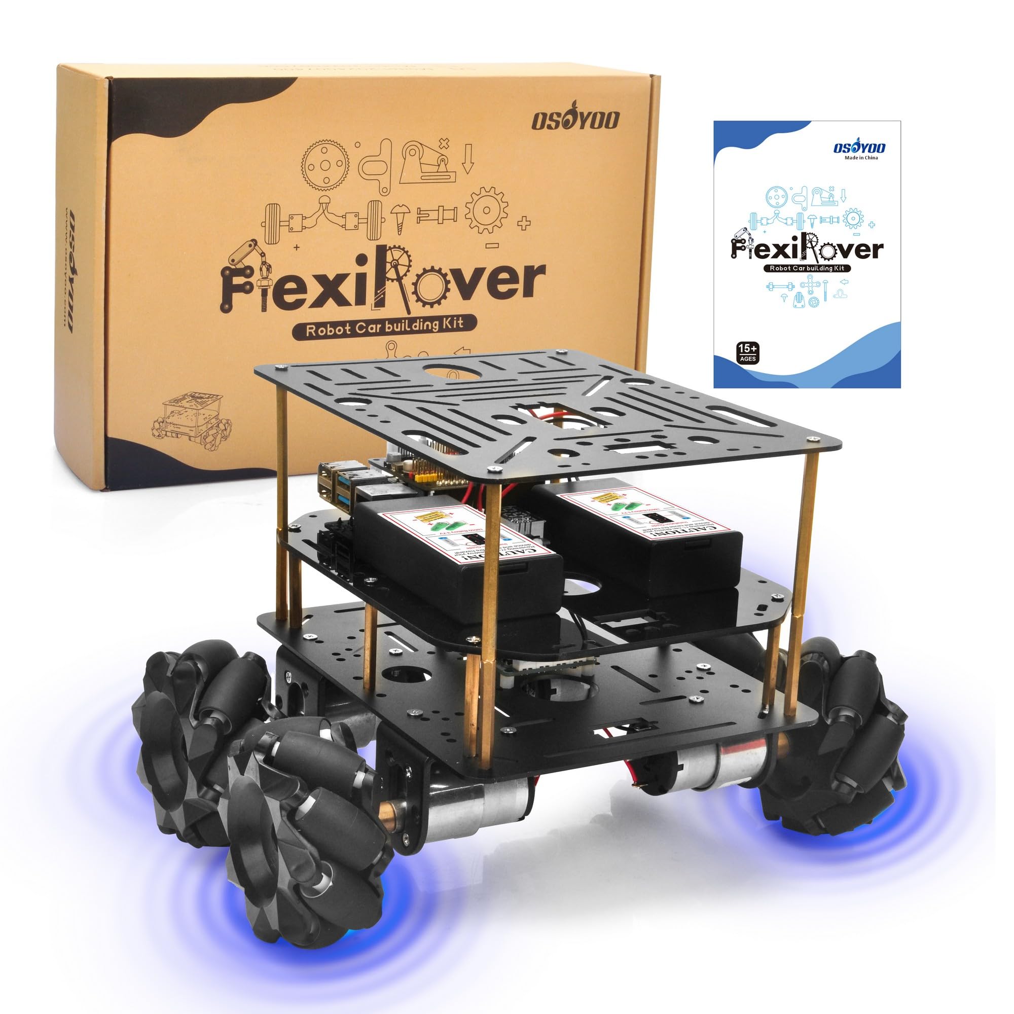 OSOYOO FlexiRoverロボットカーキット Raspberry Pi用 ・ Pi 2/3/4/5、エンコーダー付き520モーター、メカナムホイール、サーボサポート、高容量バッテリーシステム(Raspberry Piは含まれていません)