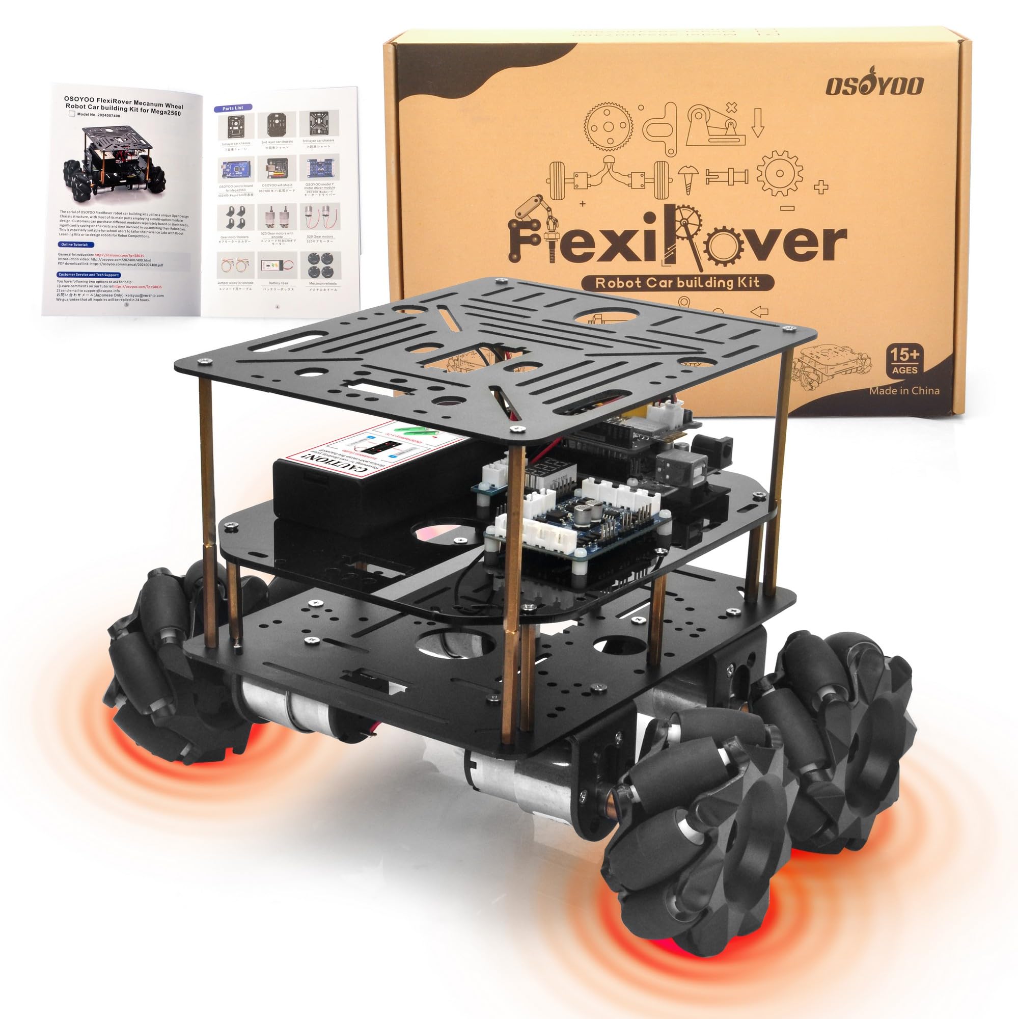 OSOYOO FlexiRoverロボットカーキット for Arduino Mega2560 WiFi拡張ボード付き ・ 520モーター、メカナムホイール、4WDモーターボード、バッテリー＆充電器、高度なロボット工学用カスタマイズ可能なシャーシ