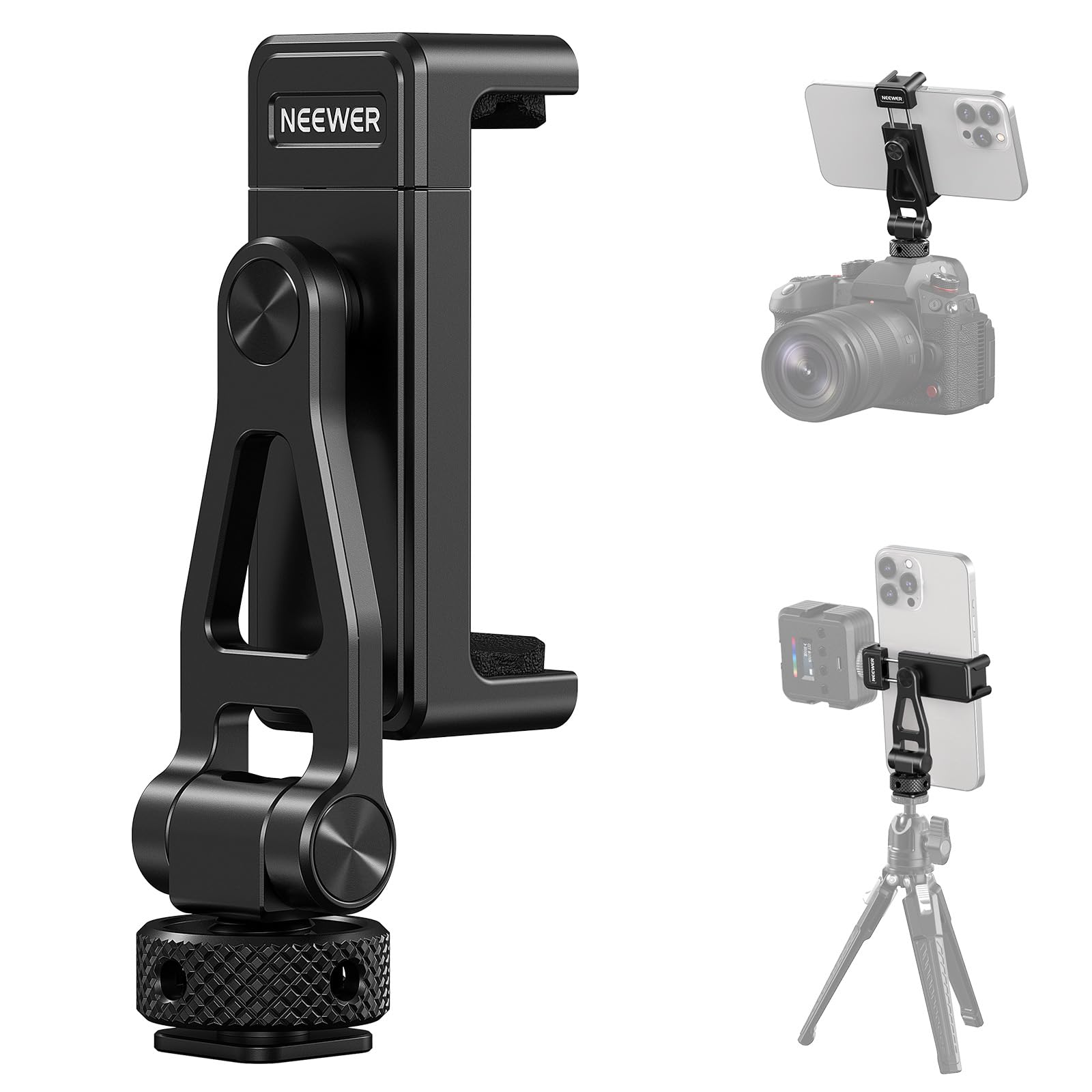 NEEWER スマホ三脚マウント 金属製 コールドシュー/1/4"ネジ付き 180°チルト&360°回転 調整可能 スマホクランプスマホホルダー コンパチブル iPhone 15 Pro Max S24 Ultra カメラケージ GA010