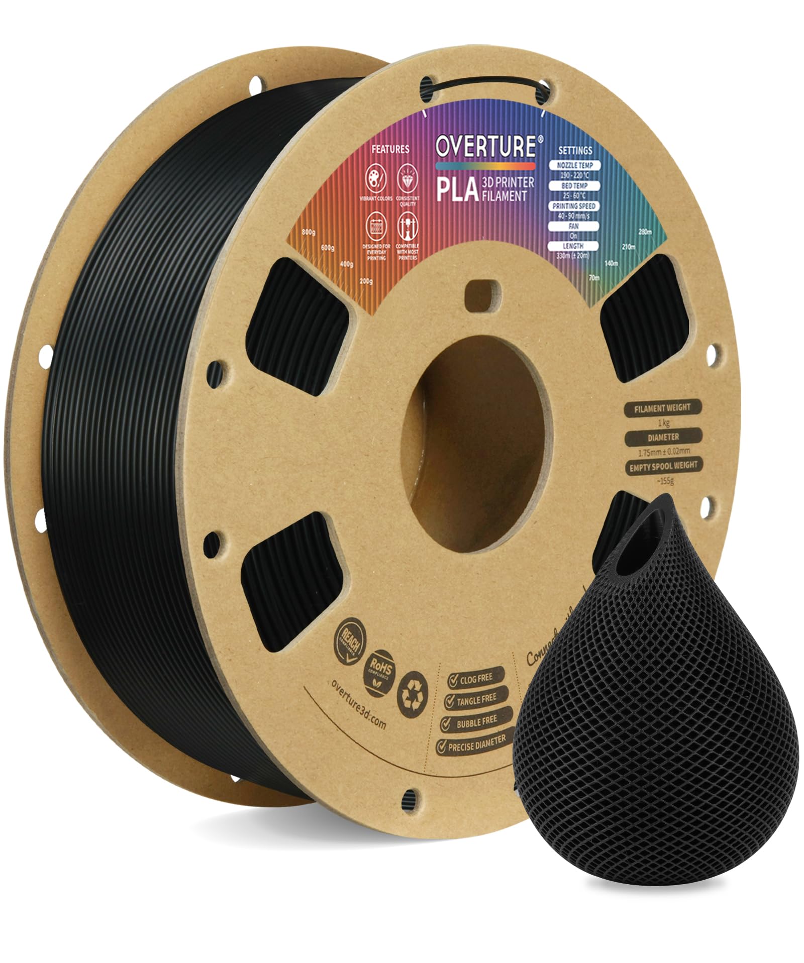 OVERTURE PLA フィラメント PLA 3Dプリンター用素材 3D印刷 3Dプリンター フィラメント 1.75mm 1kgスプール 高い寸法精度 高密度 ほとんどのFDMプリンターに適合 (ブラック)
